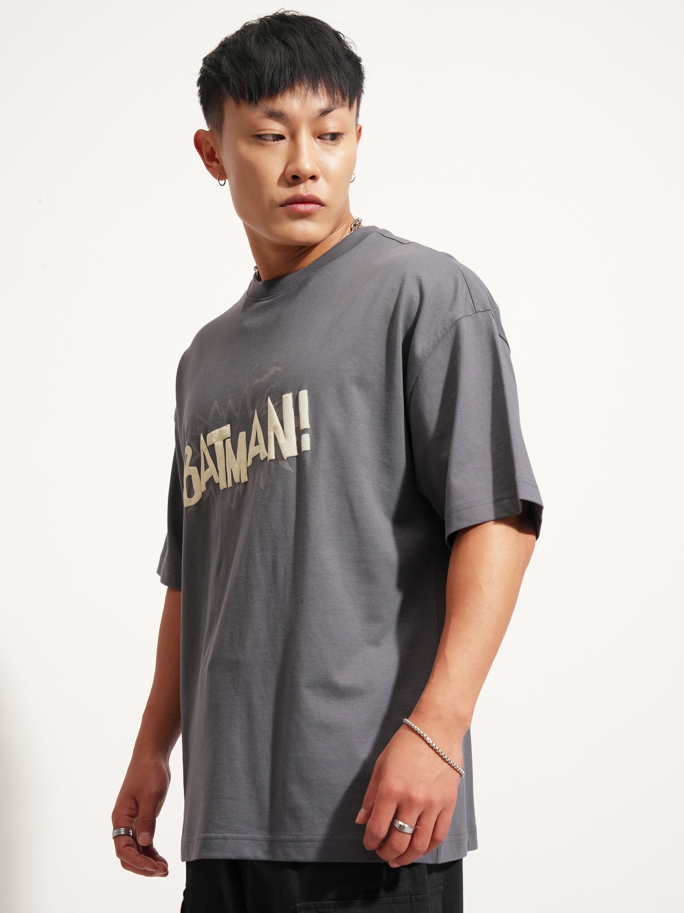 DC By Highlander Men Grey Batman Printed Round Neck Oversized Fit T-Shirt - Grey - Image 4