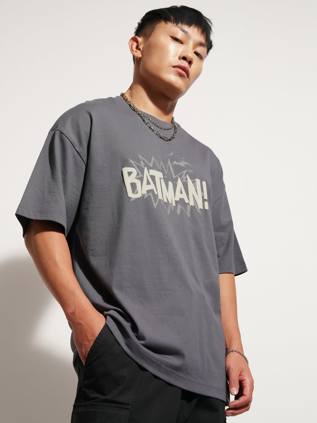 DC By Highlander Men Grey Batman Printed Round Neck Oversized Fit T-Shirt - Grey - Image 6