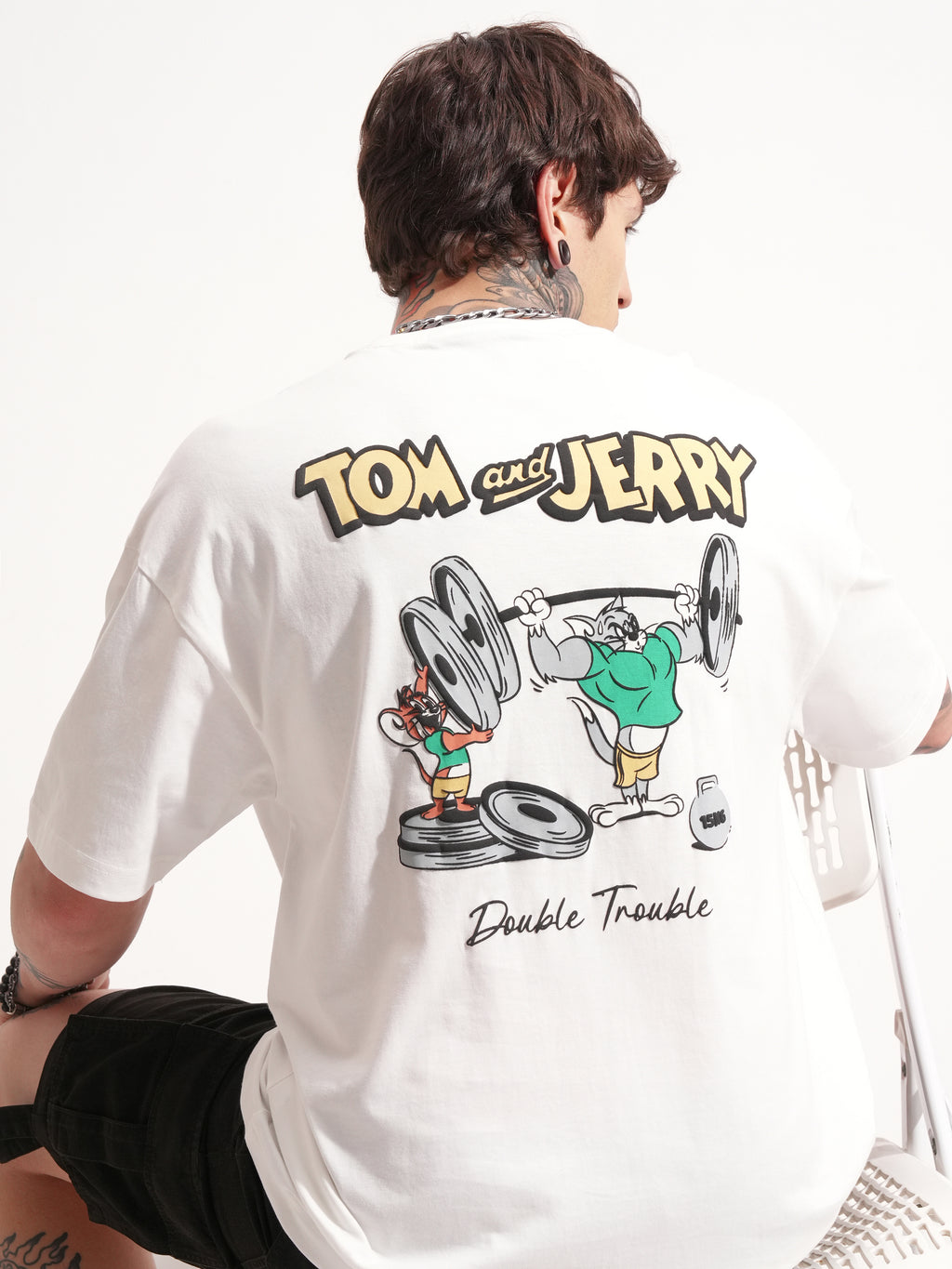 WB By Highlander Men White Tom And Jerry Printed Round Neck Oversized Fit T-Shirt - White - Image 1