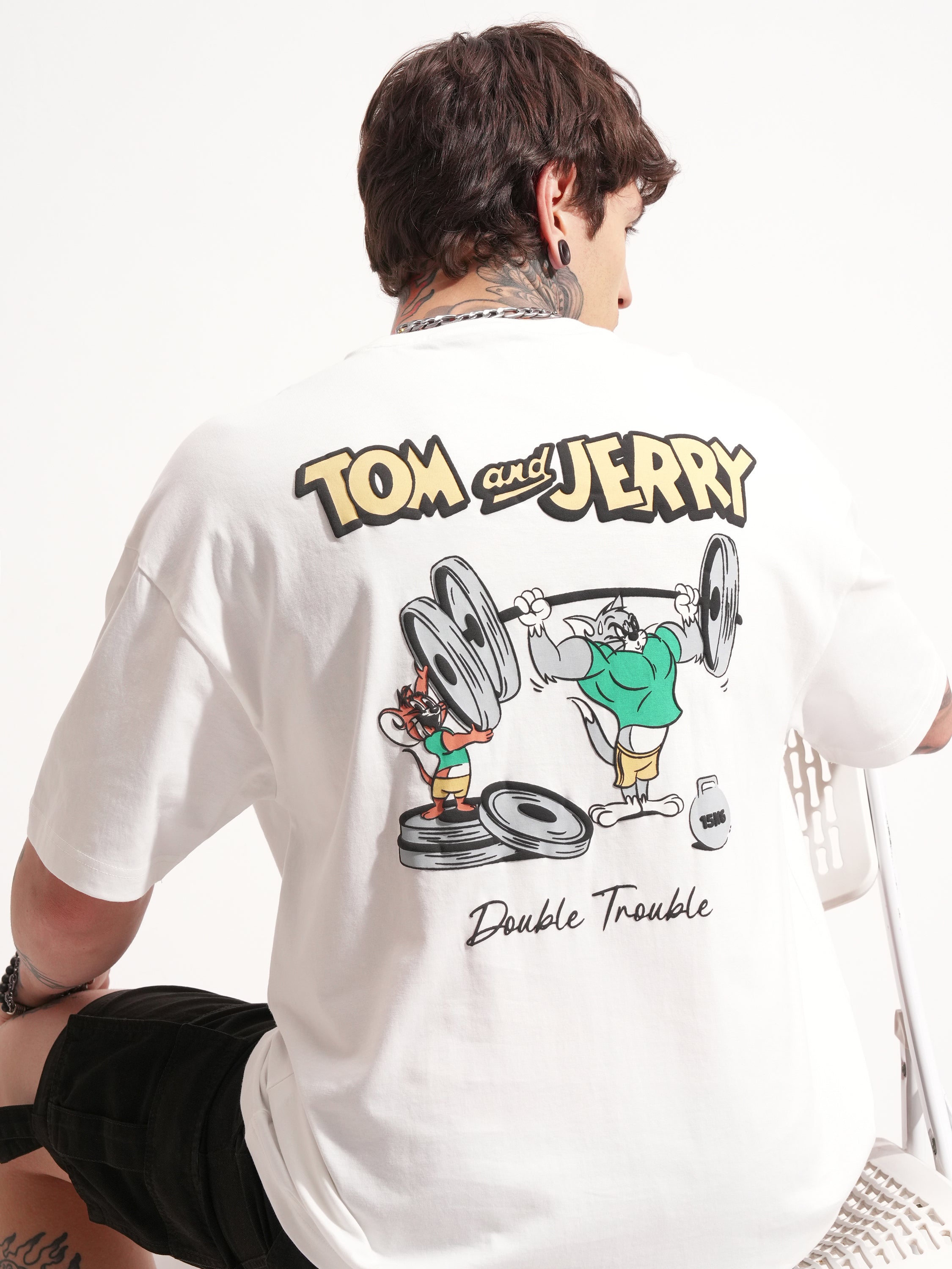 WB By Highlander Men White Tom And Jerry Printed Round Neck Oversized Fit T-Shirt - White - Image 1