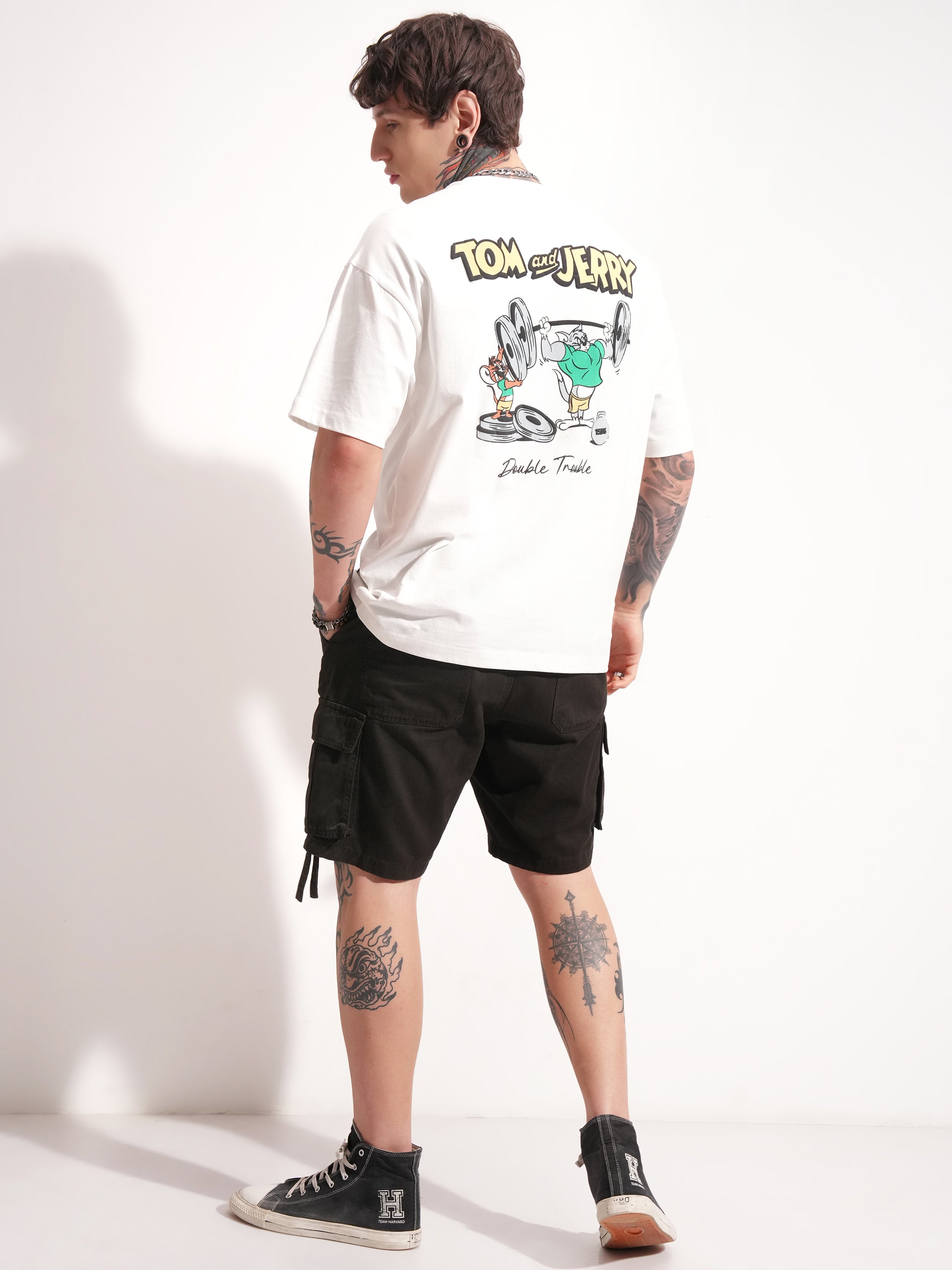 WB By Highlander Men White Tom And Jerry Printed Round Neck Oversized Fit T-Shirt - White - Image 2