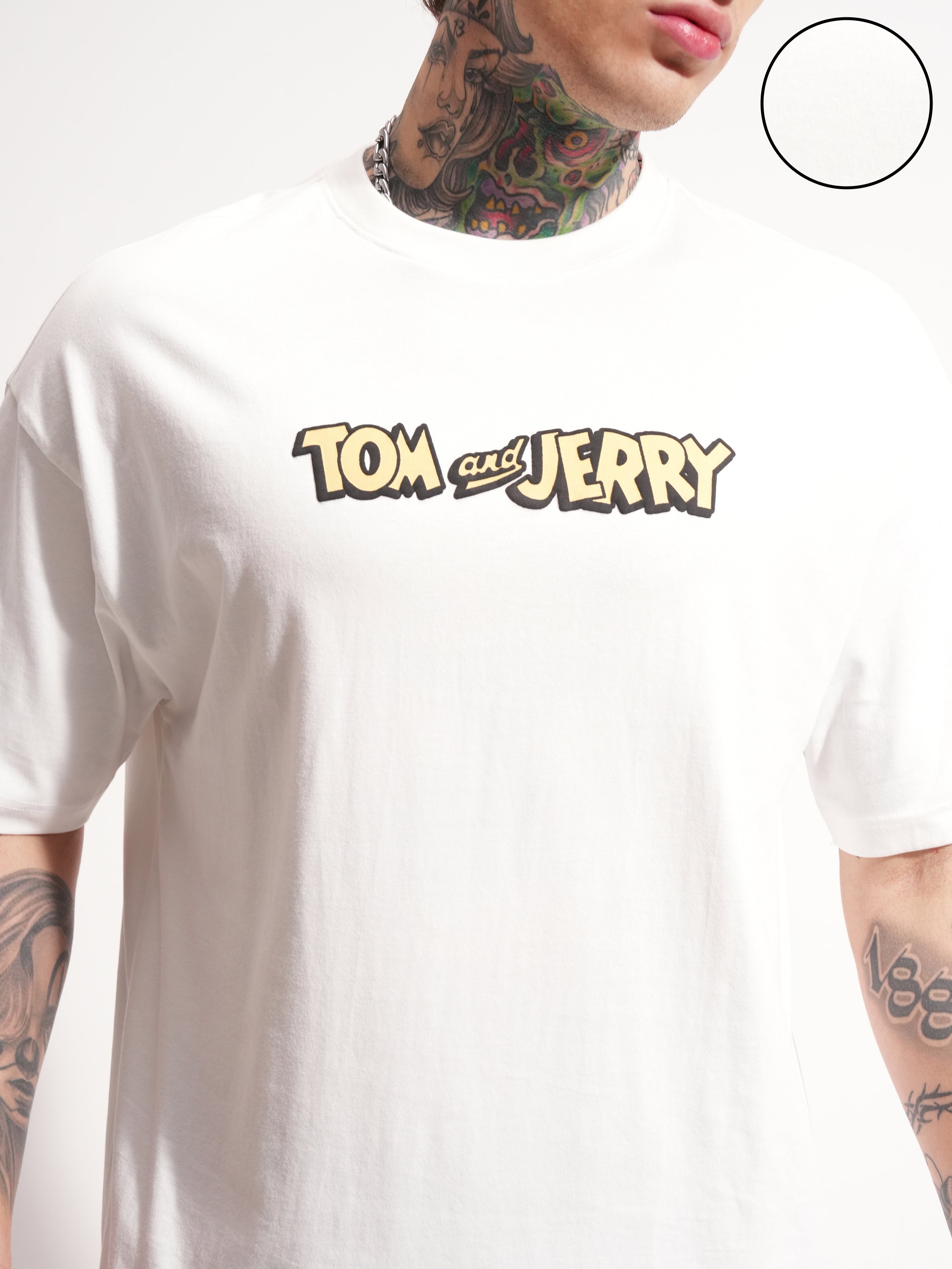 WB By Highlander Men White Tom And Jerry Printed Round Neck Oversized Fit T-Shirt - White - Image 5