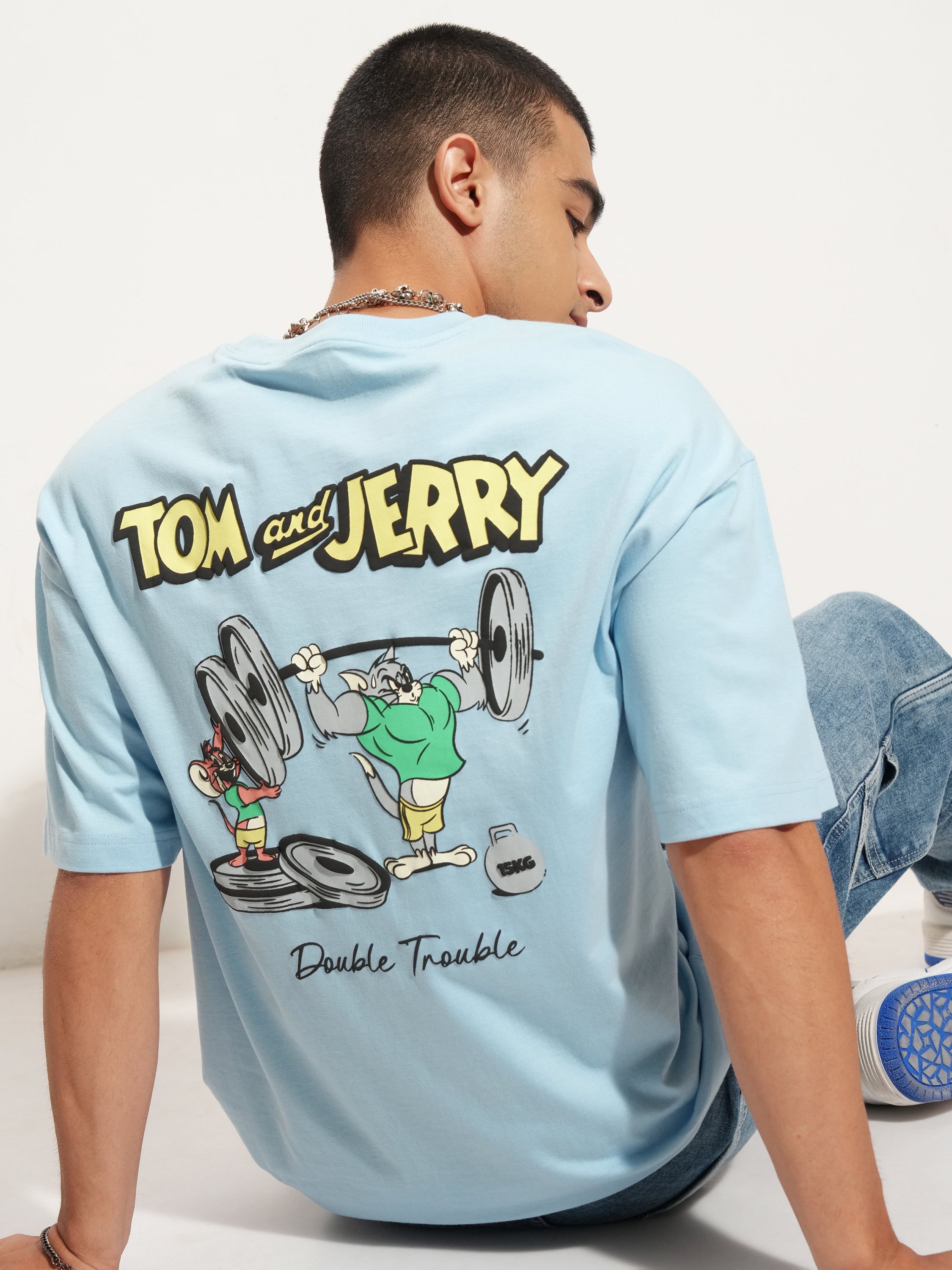 WB By Highlander Men Blue Tom And Jerry Printed Round Neck Oversized Fit T-Shirt - Blue - Image 1
