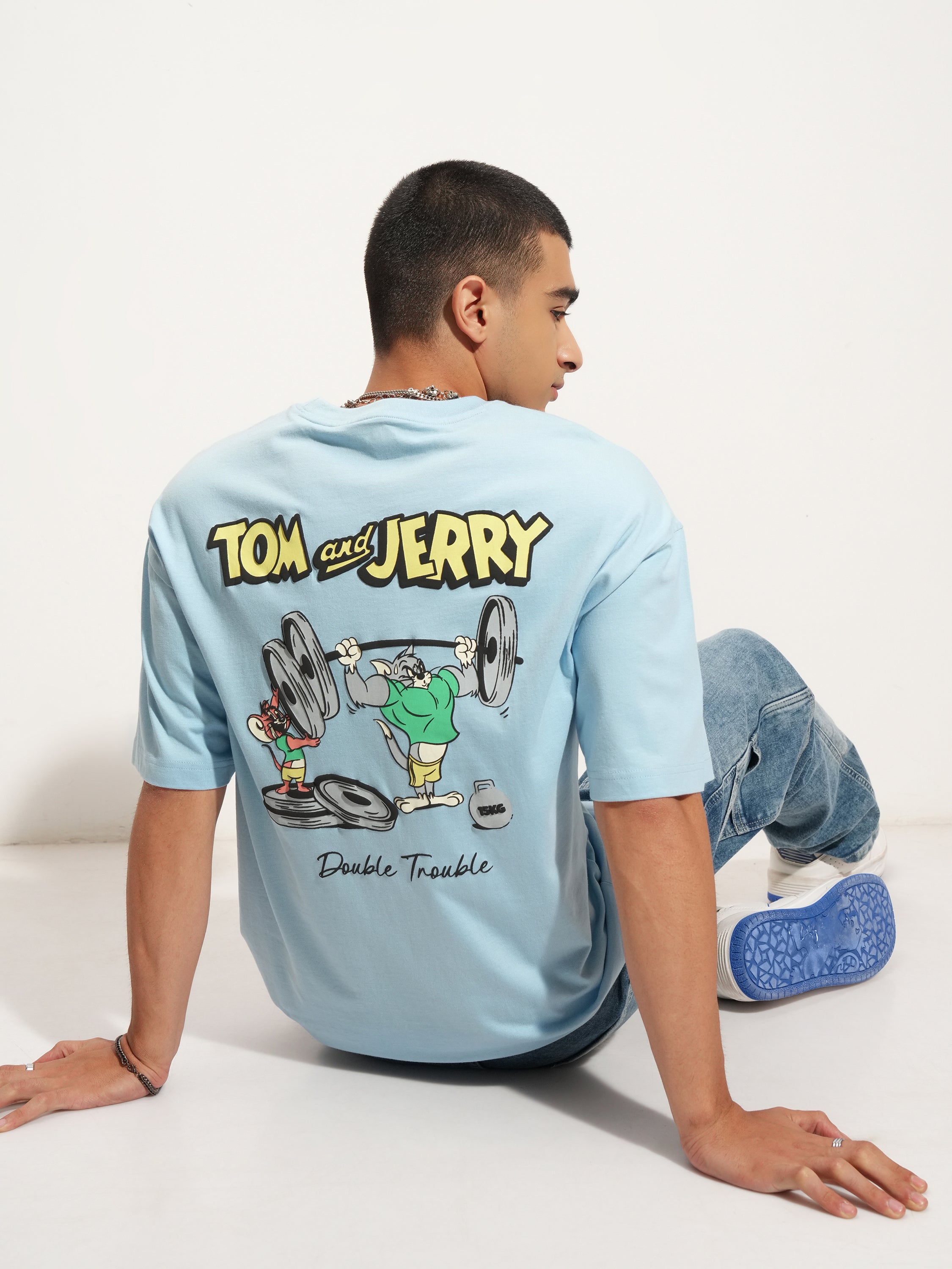 WB By Highlander Men Blue Tom And Jerry Printed Round Neck Oversized Fit T-Shirt - Blue - Image 2