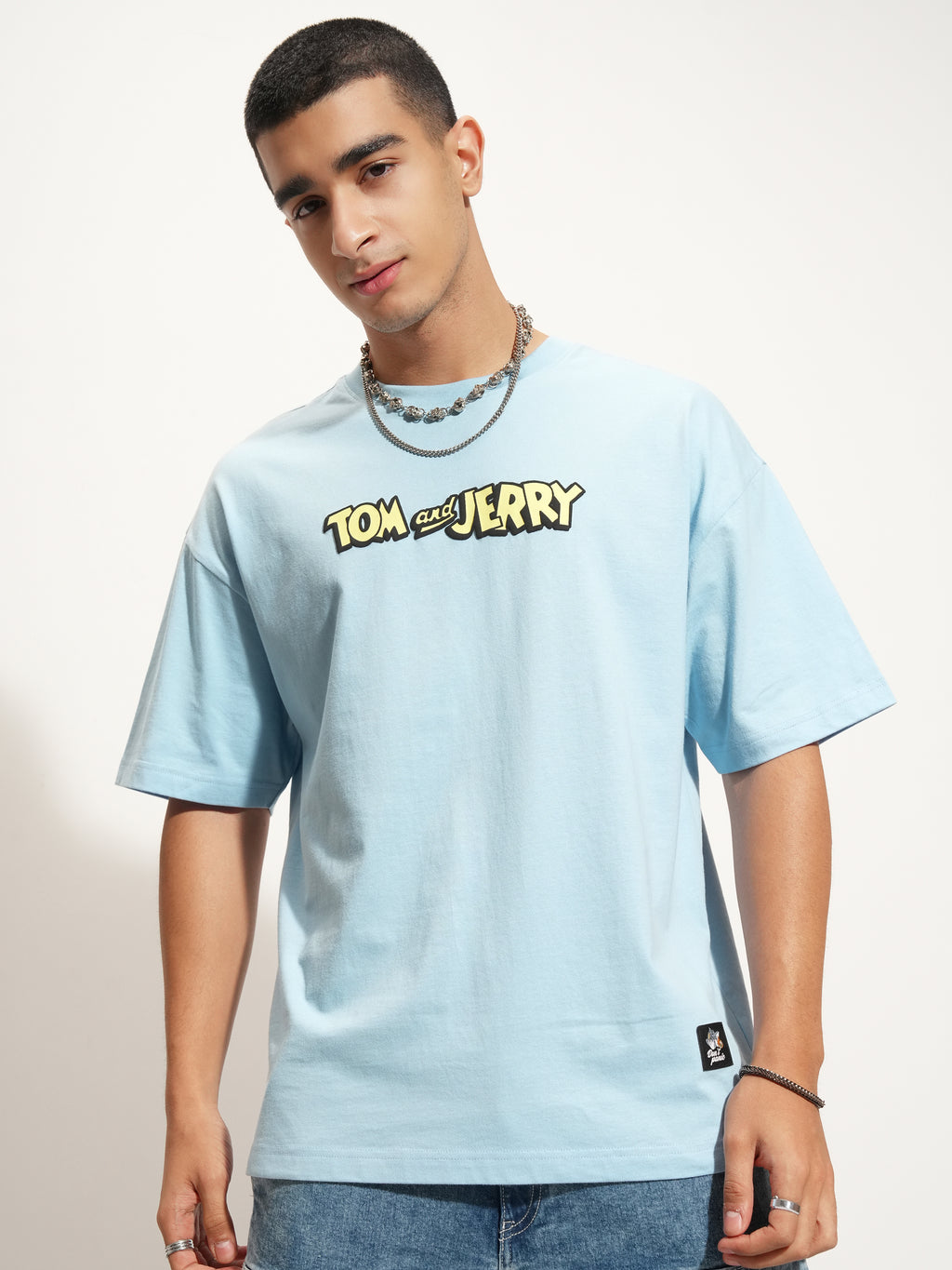 WB By Highlander Men Blue Tom And Jerry Printed Round Neck Oversized Fit T-Shirt - Blue - Image 3