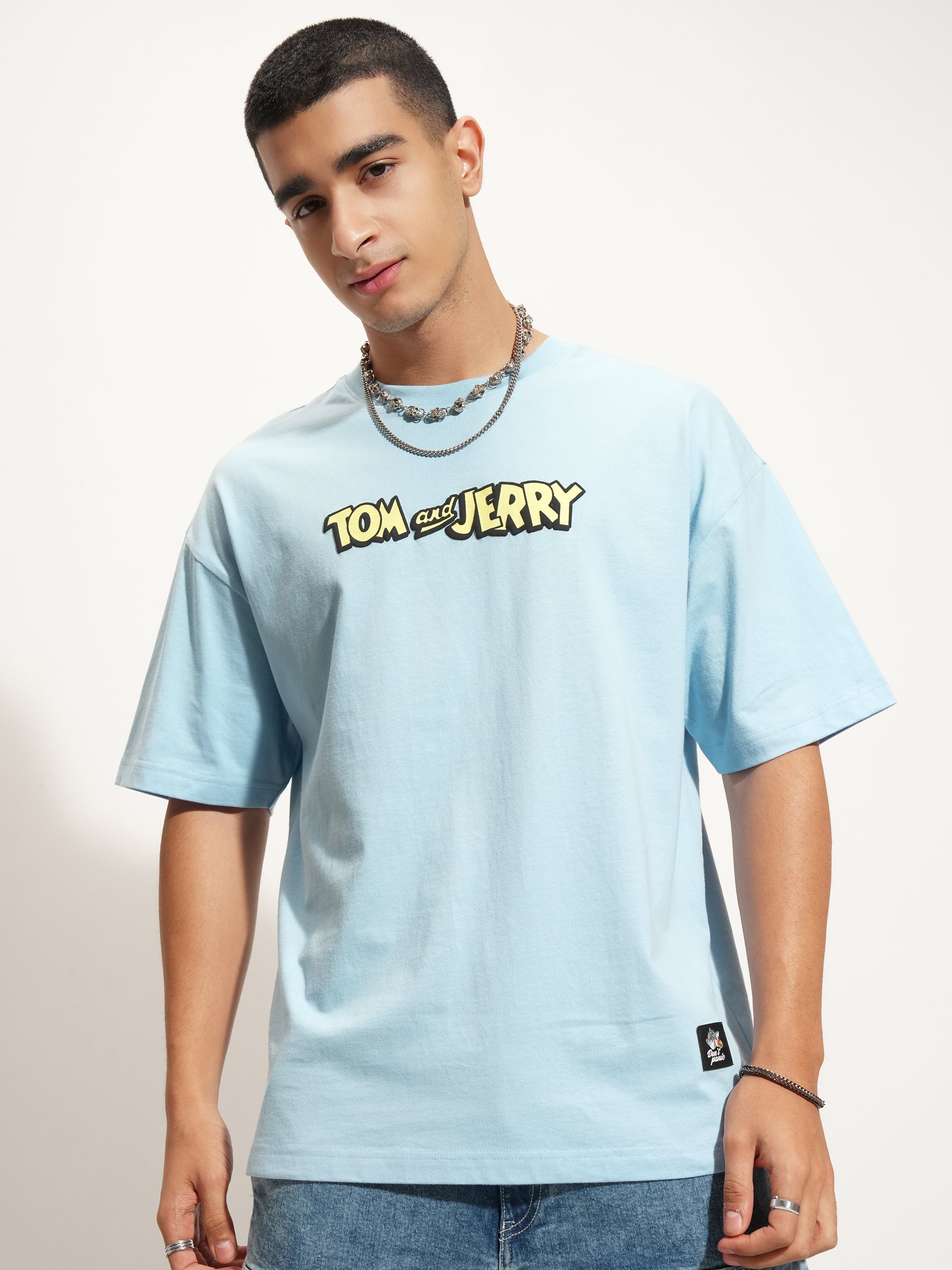 WB By Highlander Men Blue Tom And Jerry Printed Round Neck Oversized Fit T-Shirt - Blue - Image 3