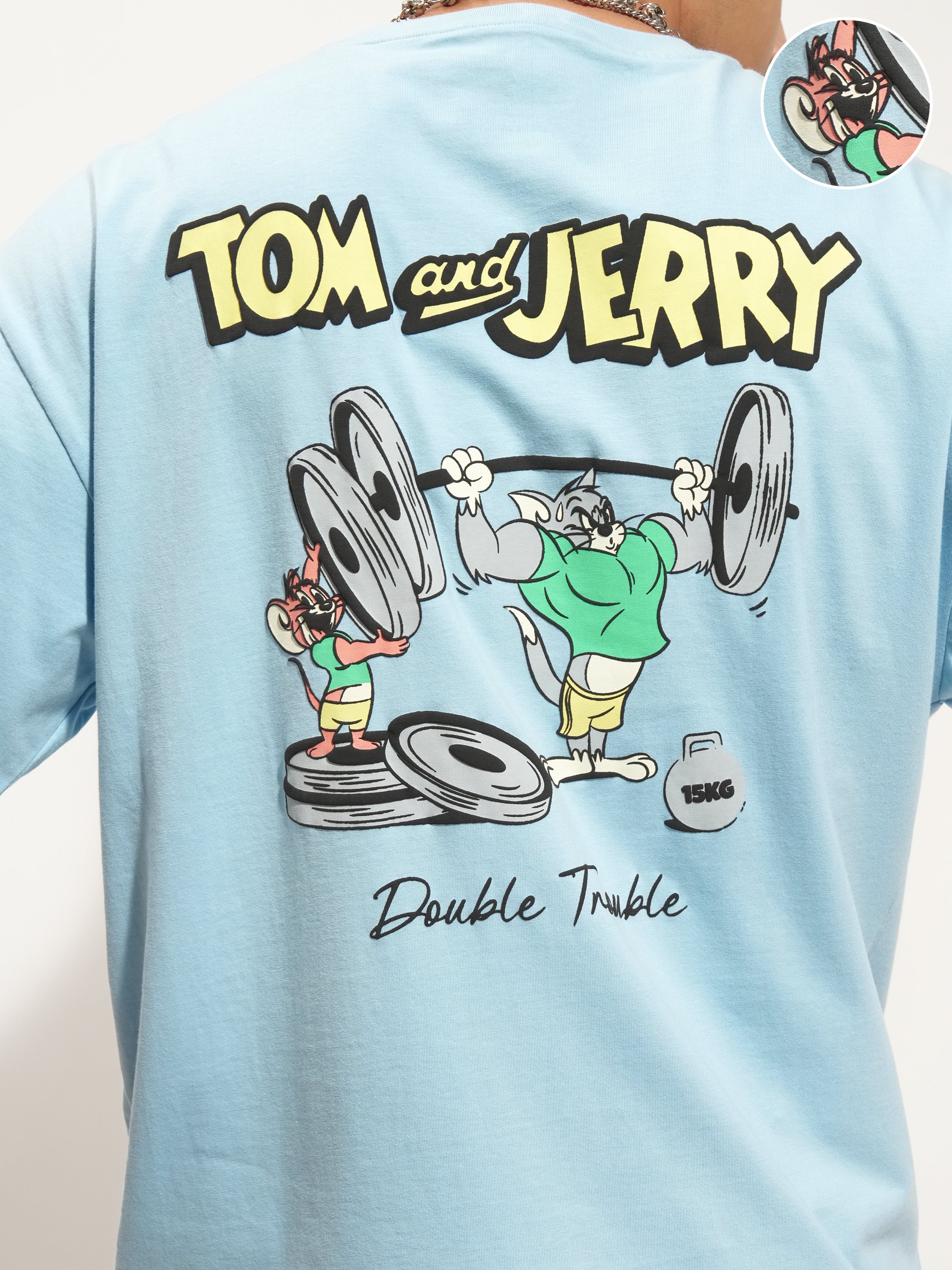 WB By Highlander Men Blue Tom And Jerry Printed Round Neck Oversized Fit T-Shirt - Blue - Image 5