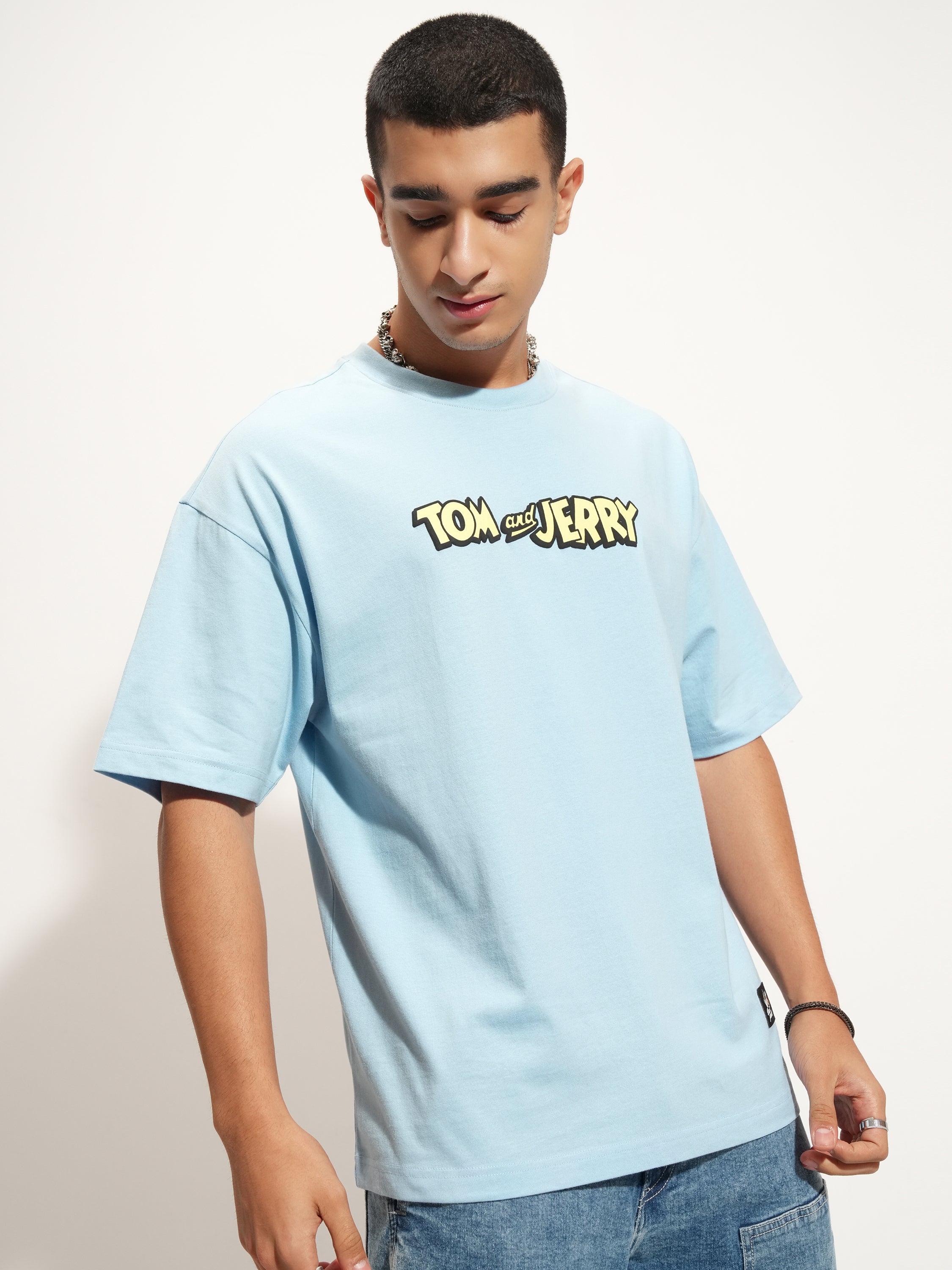 WB By Highlander Men Blue Tom And Jerry Printed Round Neck Oversized Fit T-Shirt - Blue - Image 6