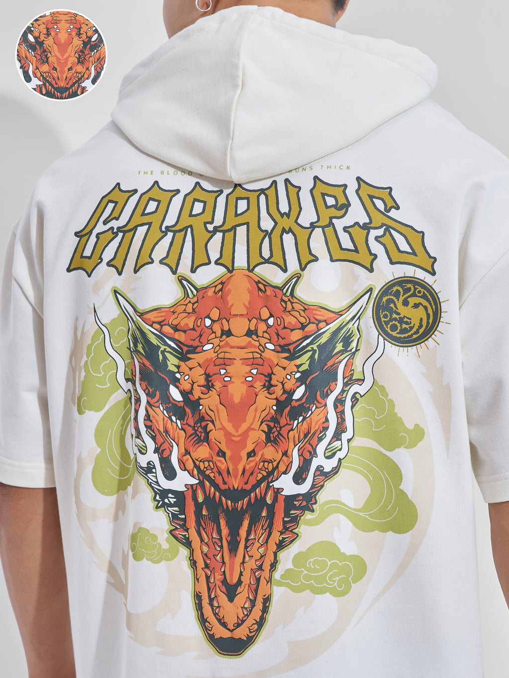 WB By Highlander Men Off White House Of The Dragon Printed Hood Oversized Fit T-Shirt - Off White - Image 5