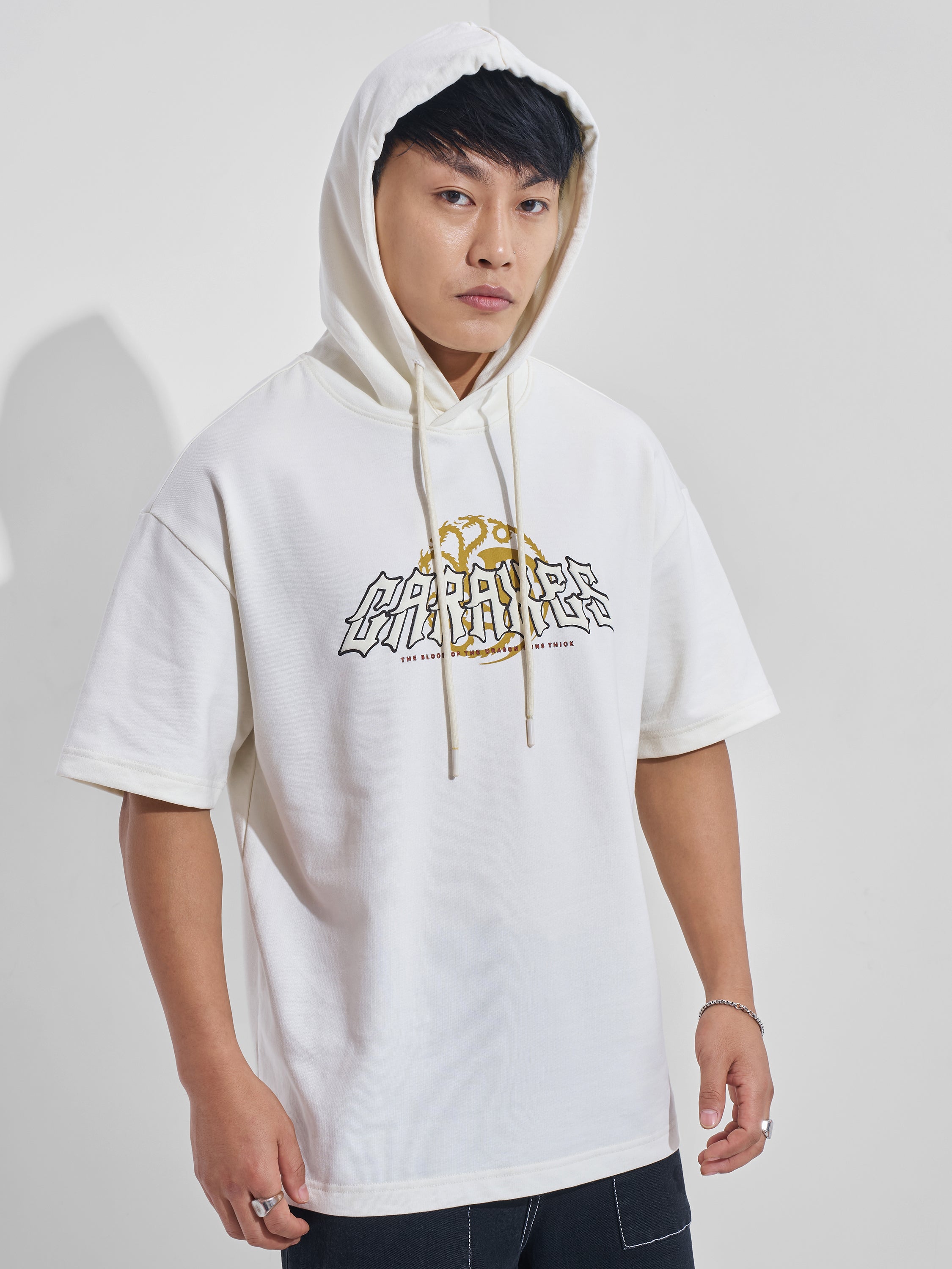 WB By Highlander Men Off White House Of The Dragon Printed Hood Oversized Fit T-Shirt - Off White - Image 6