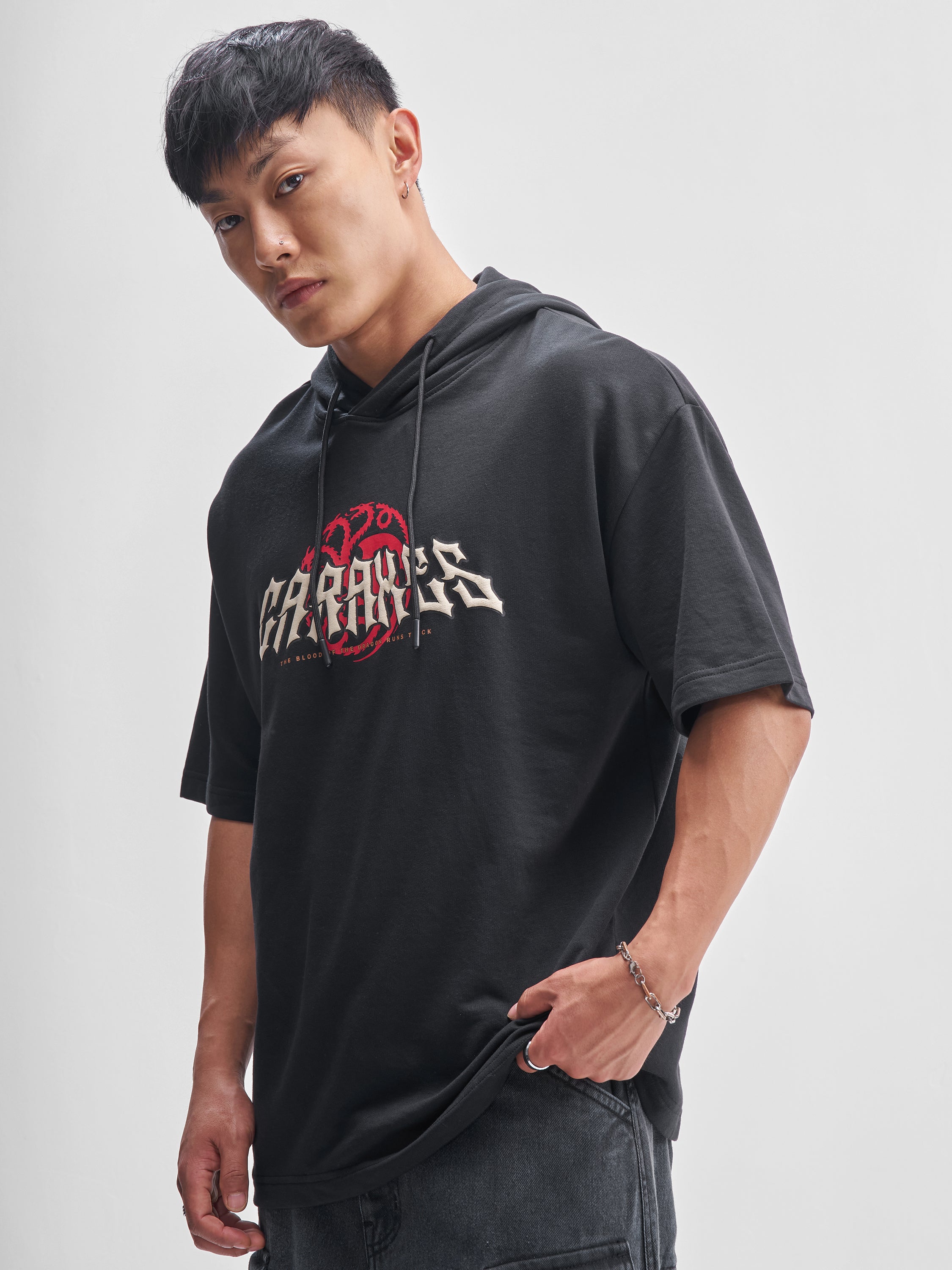 WB By Highlander Men Black House Of The Dragon Printed Hood Oversized Fit T-Shirt - Black - Image 4