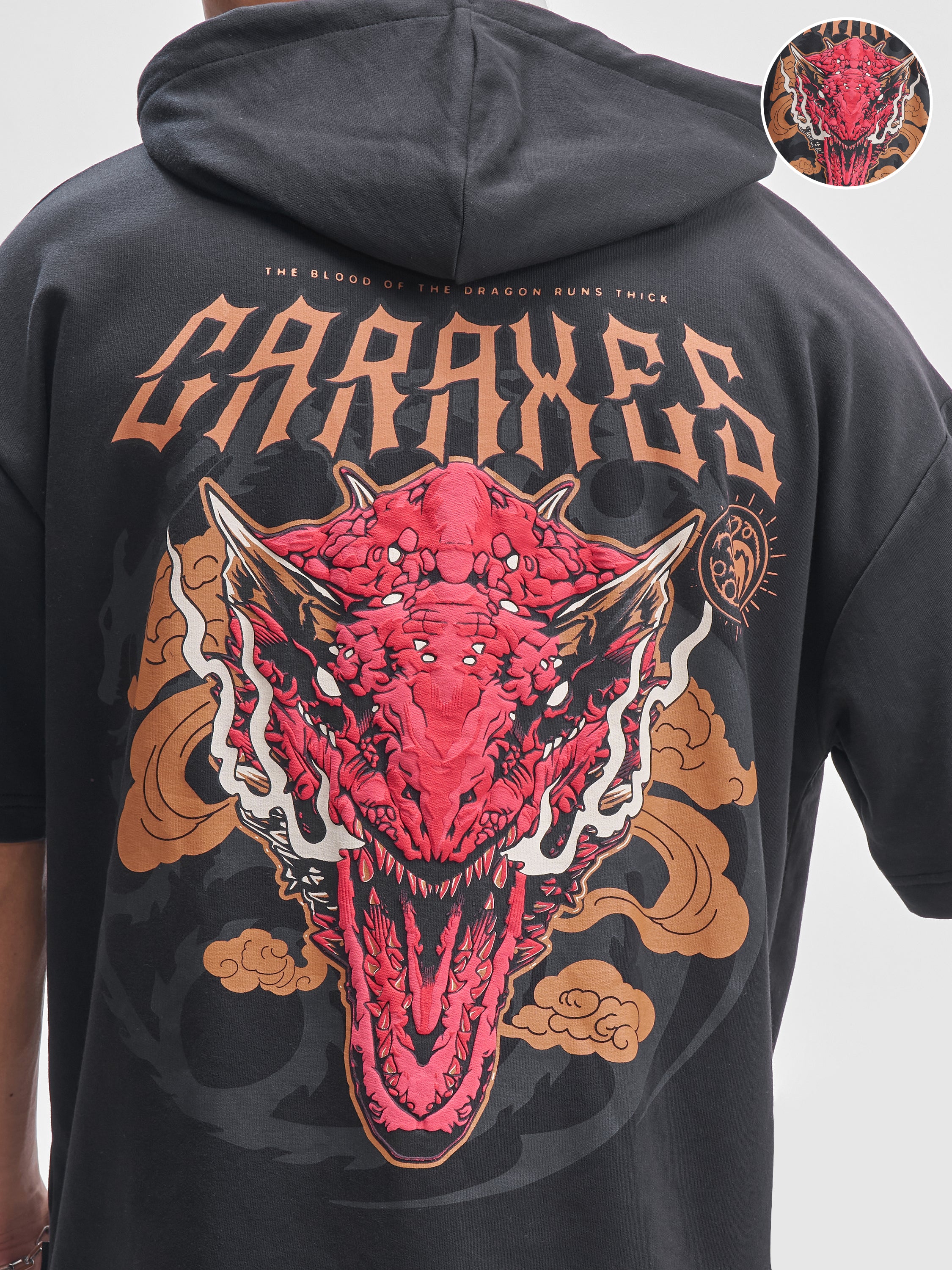 WB By Highlander Men Black House Of The Dragon Printed Hood Oversized Fit T-Shirt - Black - Image 5