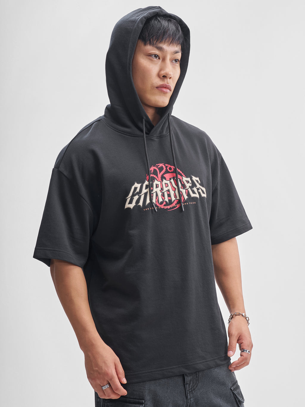 WB By Highlander Men Black House Of The Dragon Printed Hood Oversized Fit T-Shirt - Black - Image 6