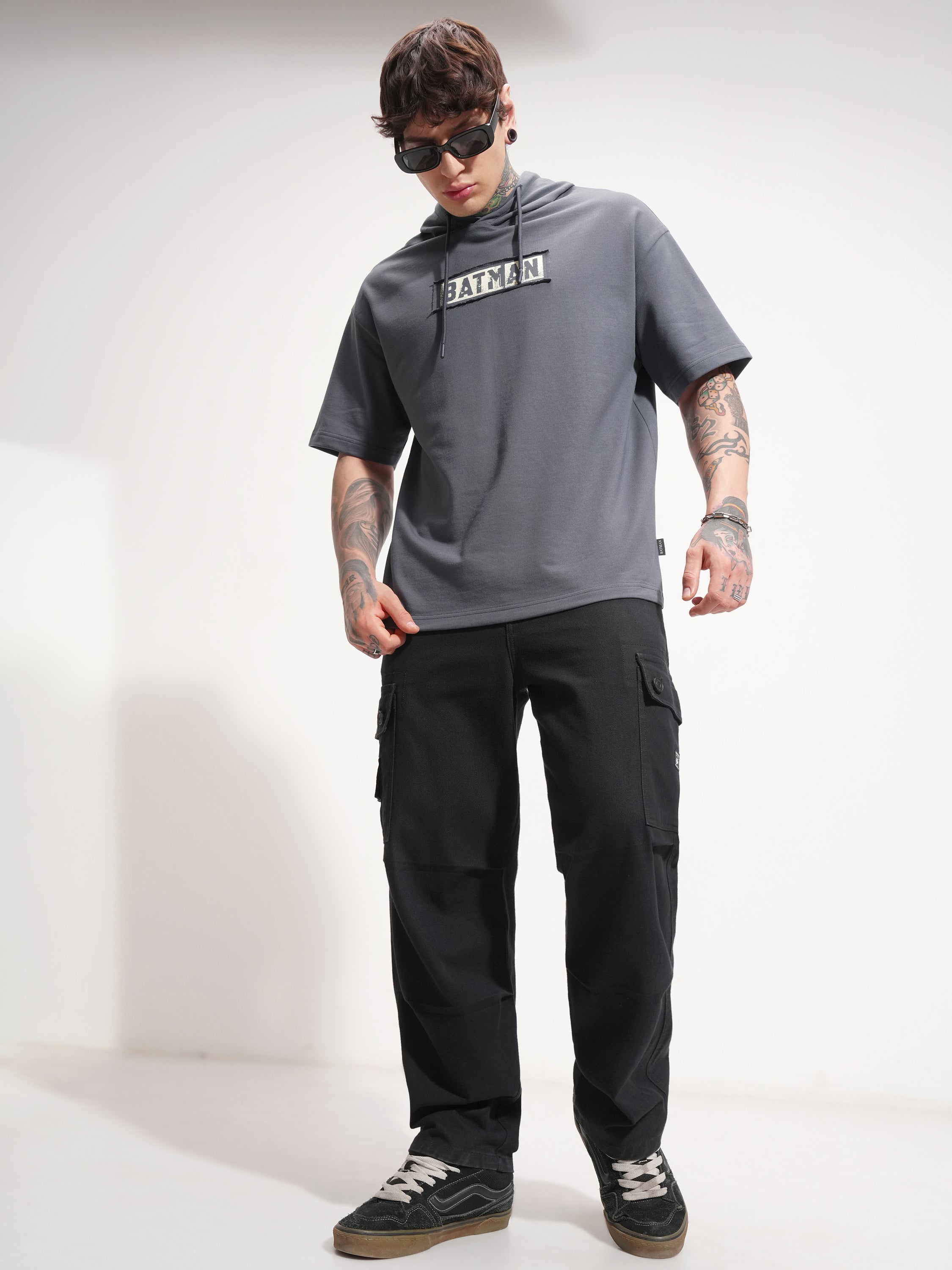 DC By Highlander Men Grey Batman Printed Hood Oversized Fit T-Shirt - Grey - Image 2