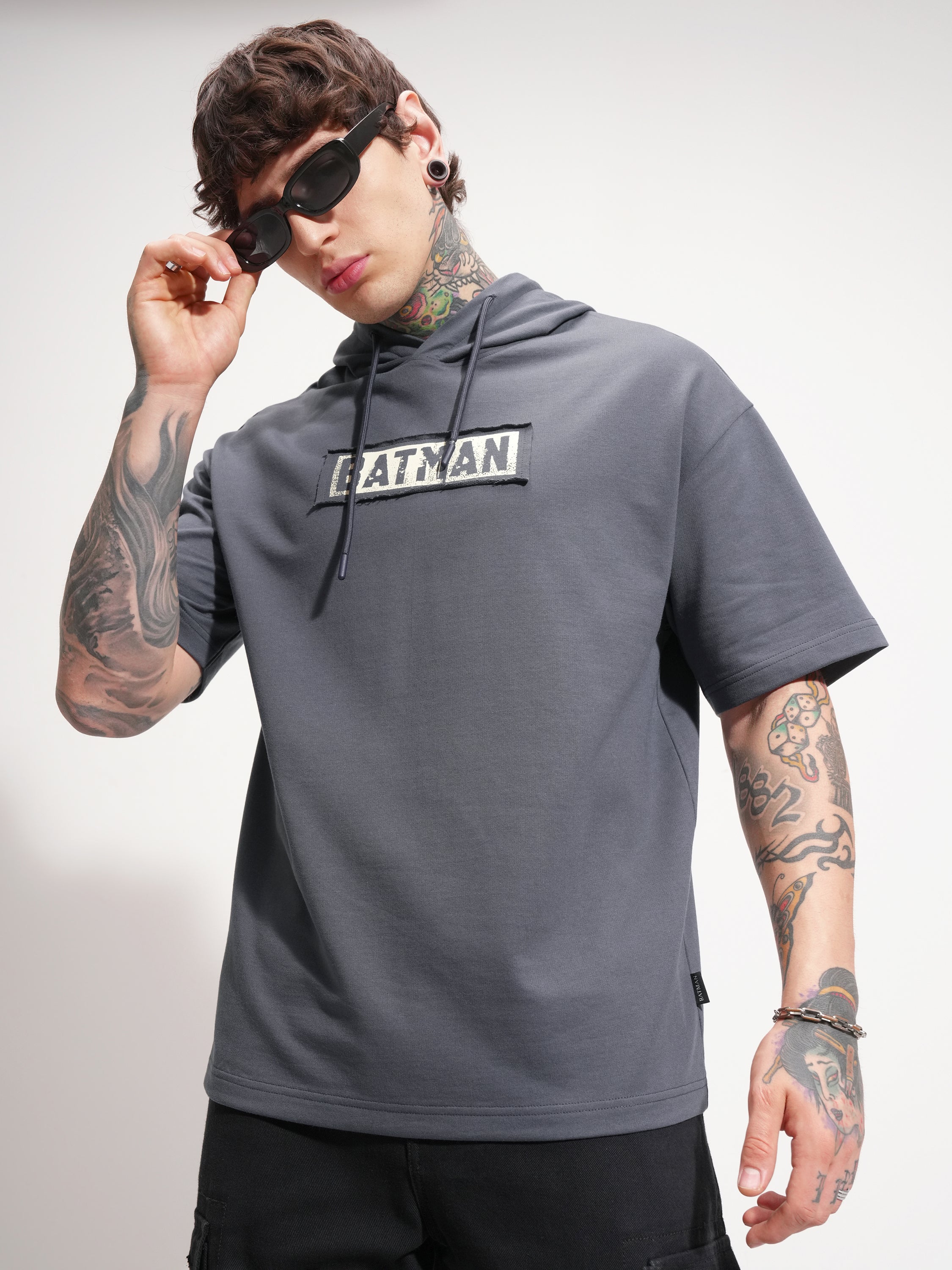 DC By Highlander Men Grey Batman Printed Hood Oversized Fit T-Shirt - Grey - Image 3