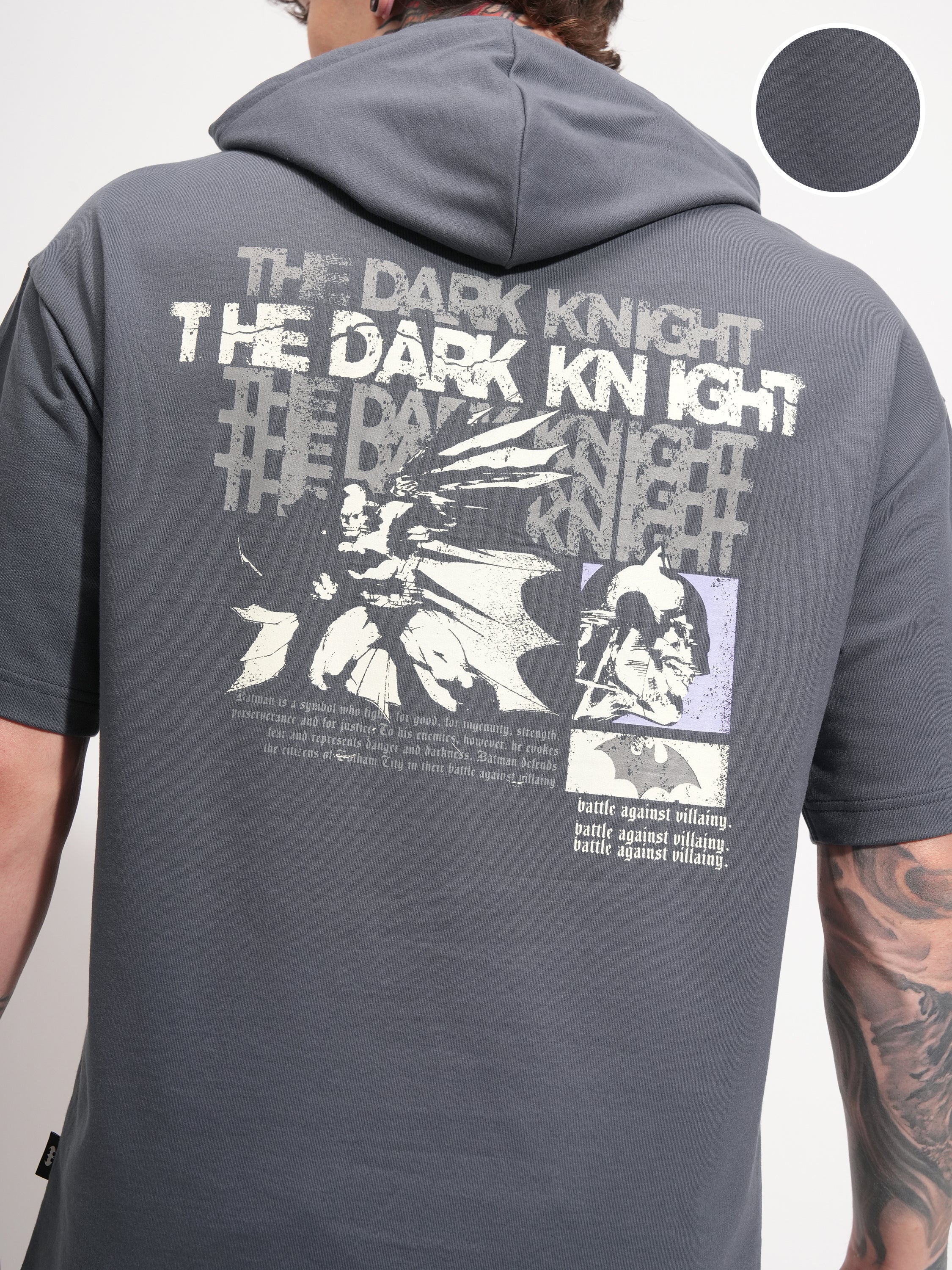 DC By Highlander Men Grey Batman Printed Hood Oversized Fit T-Shirt - Grey - Image 5