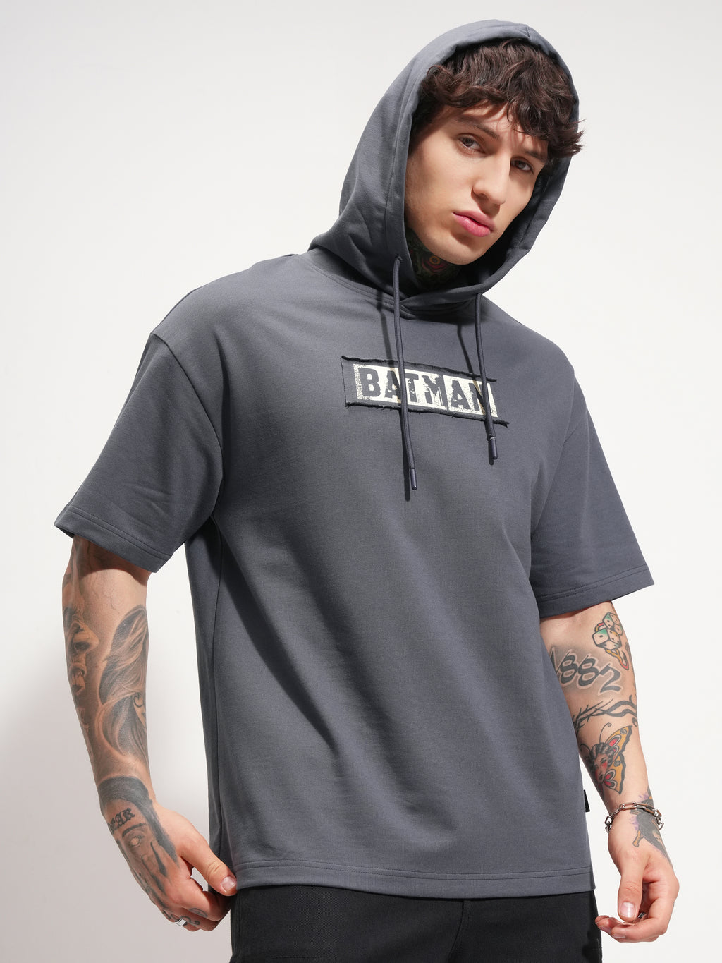 DC By Highlander Men Grey Batman Printed Hood Oversized Fit T-Shirt - Grey - Image 6
