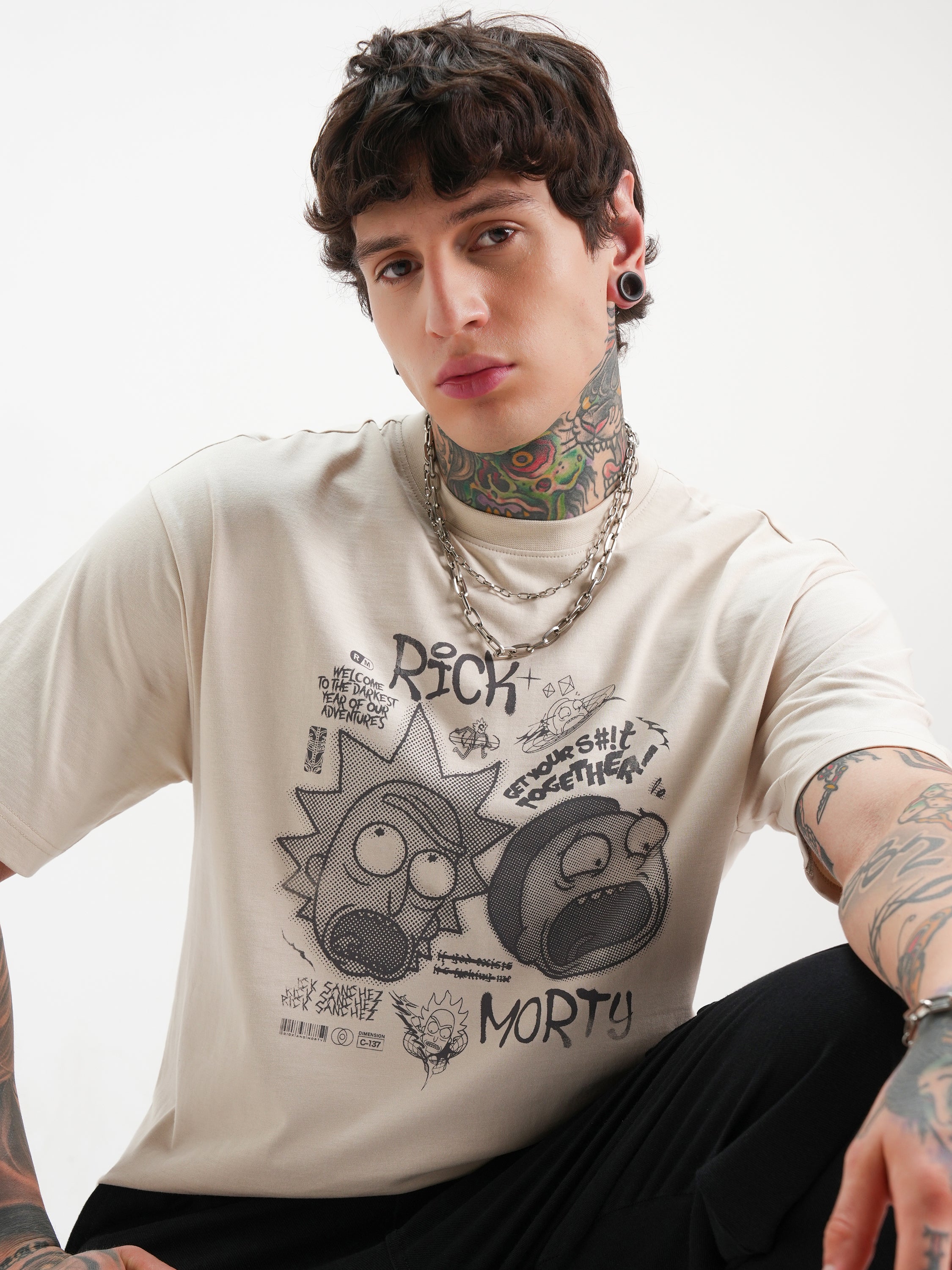 WB By Highlander Men Cream Rick And Morty Printed Round Neck Oversized Fit T-Shirt - Cream - Image 1