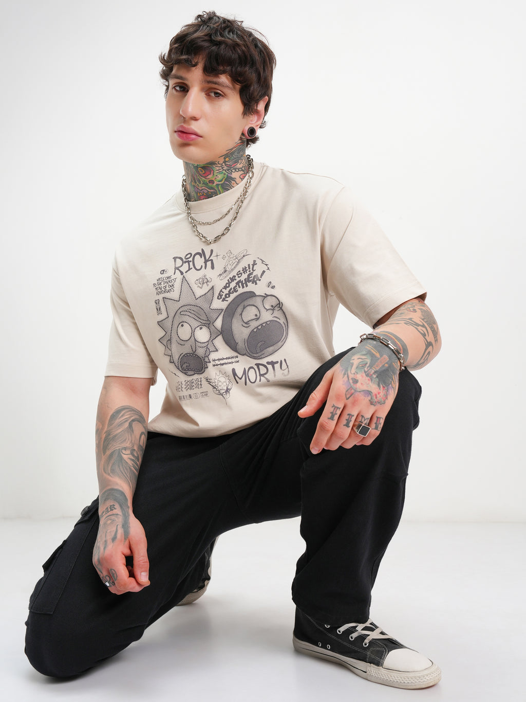 WB By Highlander Men Cream Rick And Morty Printed Round Neck Oversized Fit T-Shirt - Cream - Image 2