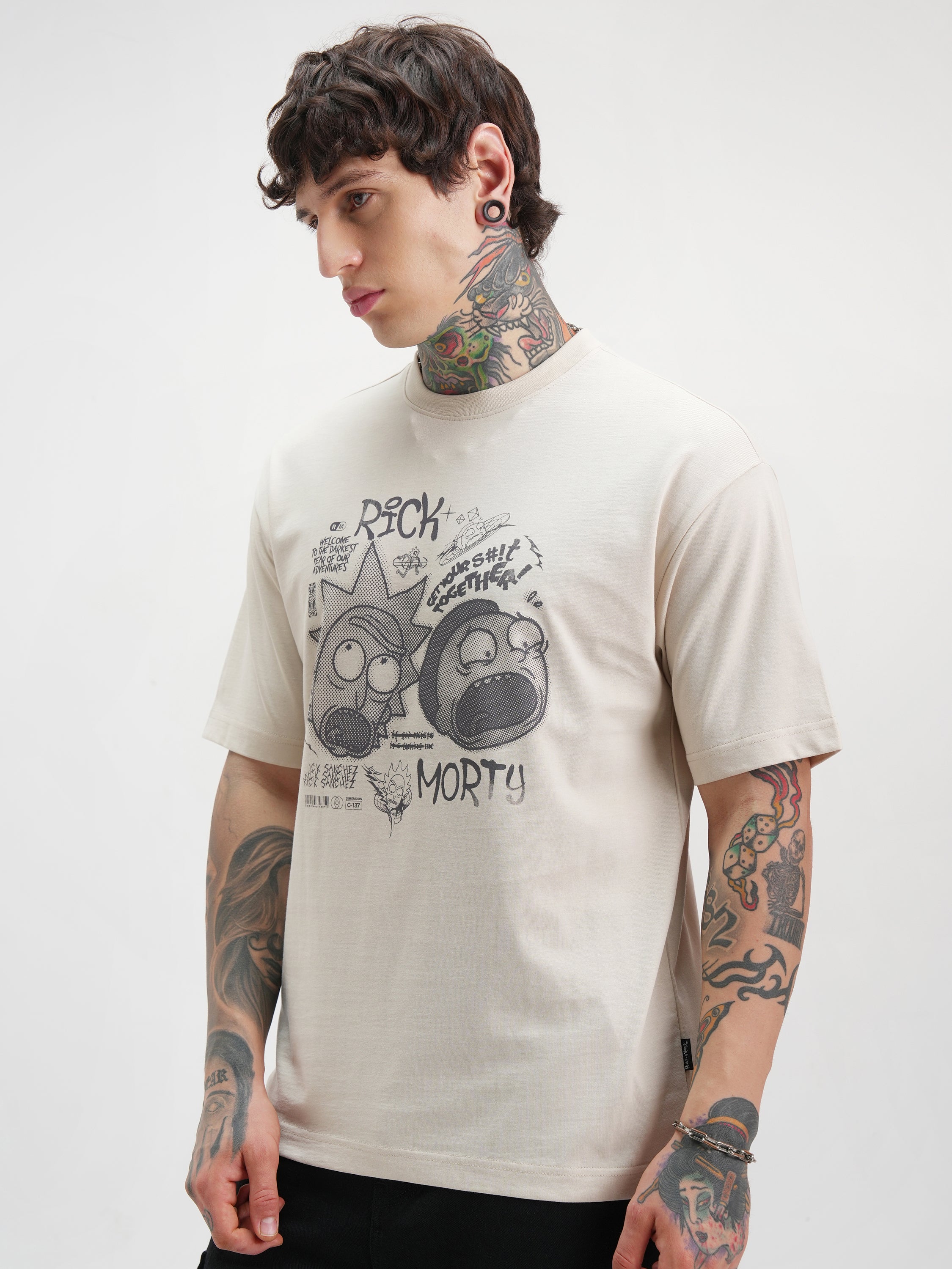 WB By Highlander Men Cream Rick And Morty Printed Round Neck Oversized Fit T-Shirt - Cream - Image 4