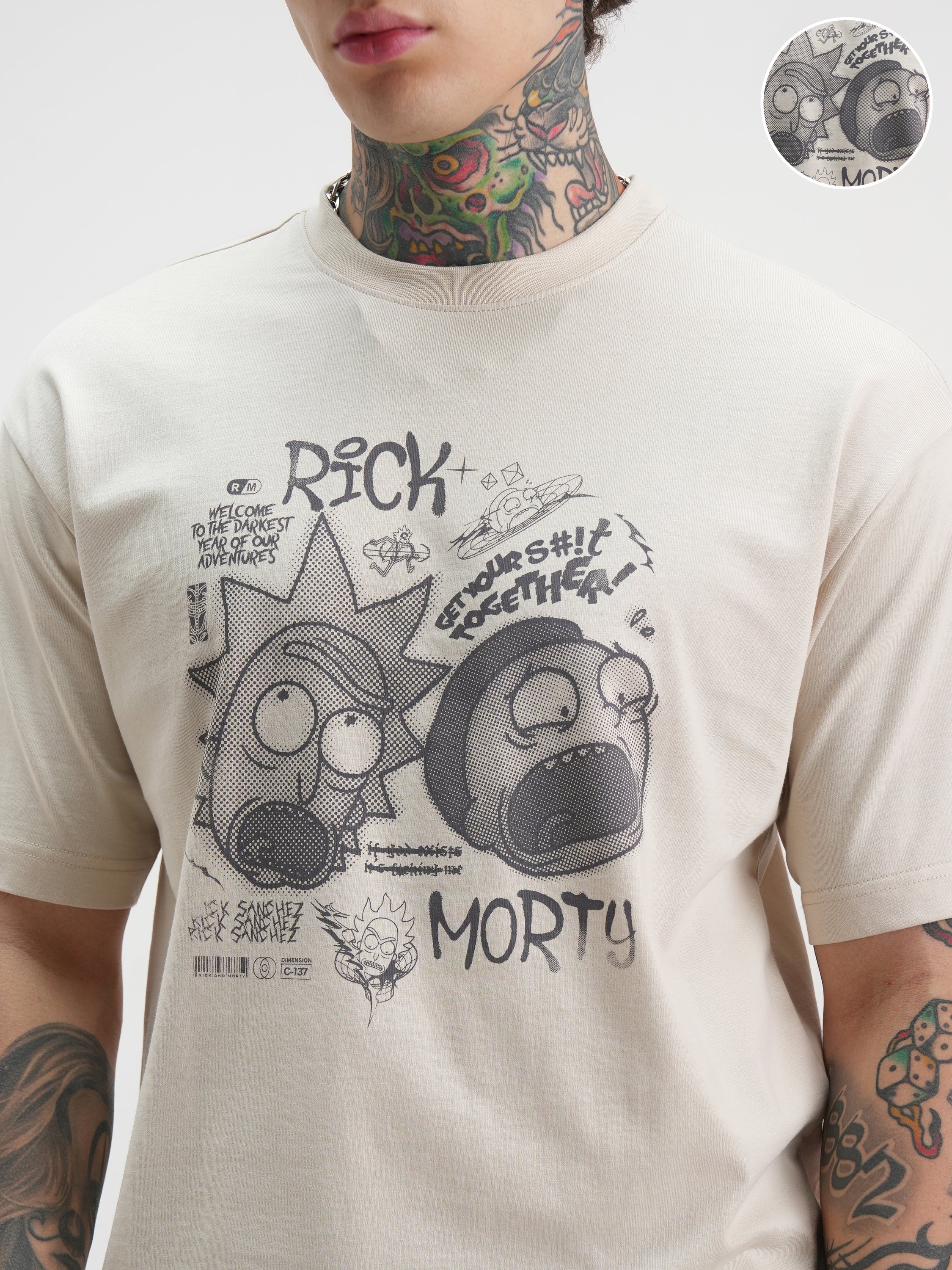 WB By Highlander Men Cream Rick And Morty Printed Round Neck Oversized Fit T-Shirt - Cream - Image 5