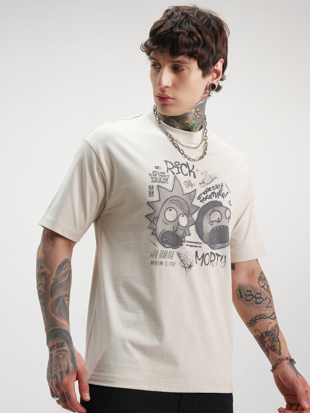 WB By Highlander Men Cream Rick And Morty Printed Round Neck Oversized Fit T-Shirt - Cream - Image 6