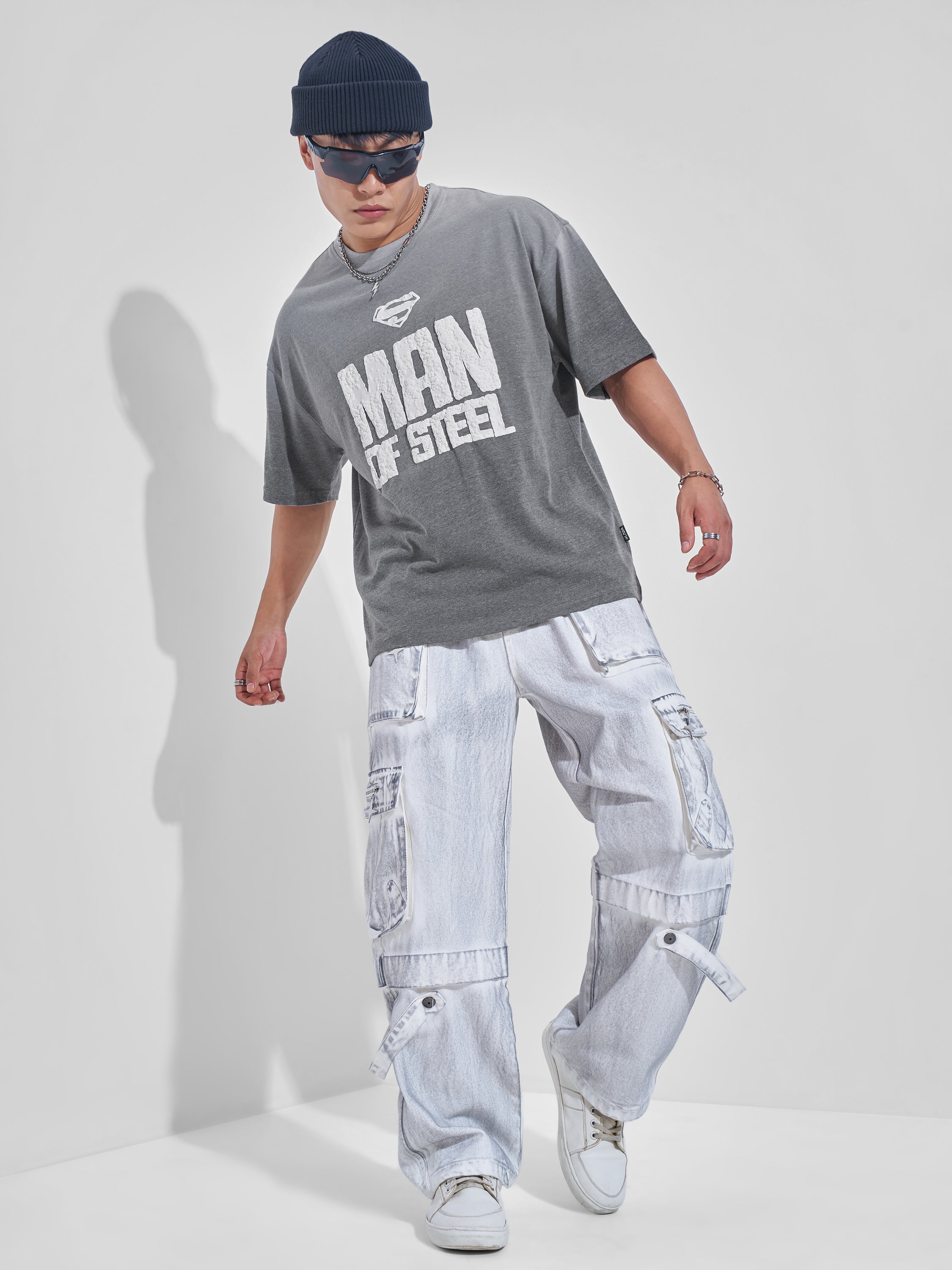 DC By Highlander Men Grey Superman Printed Round Neck Oversized Fit T-Shirt - Grey - Image 2