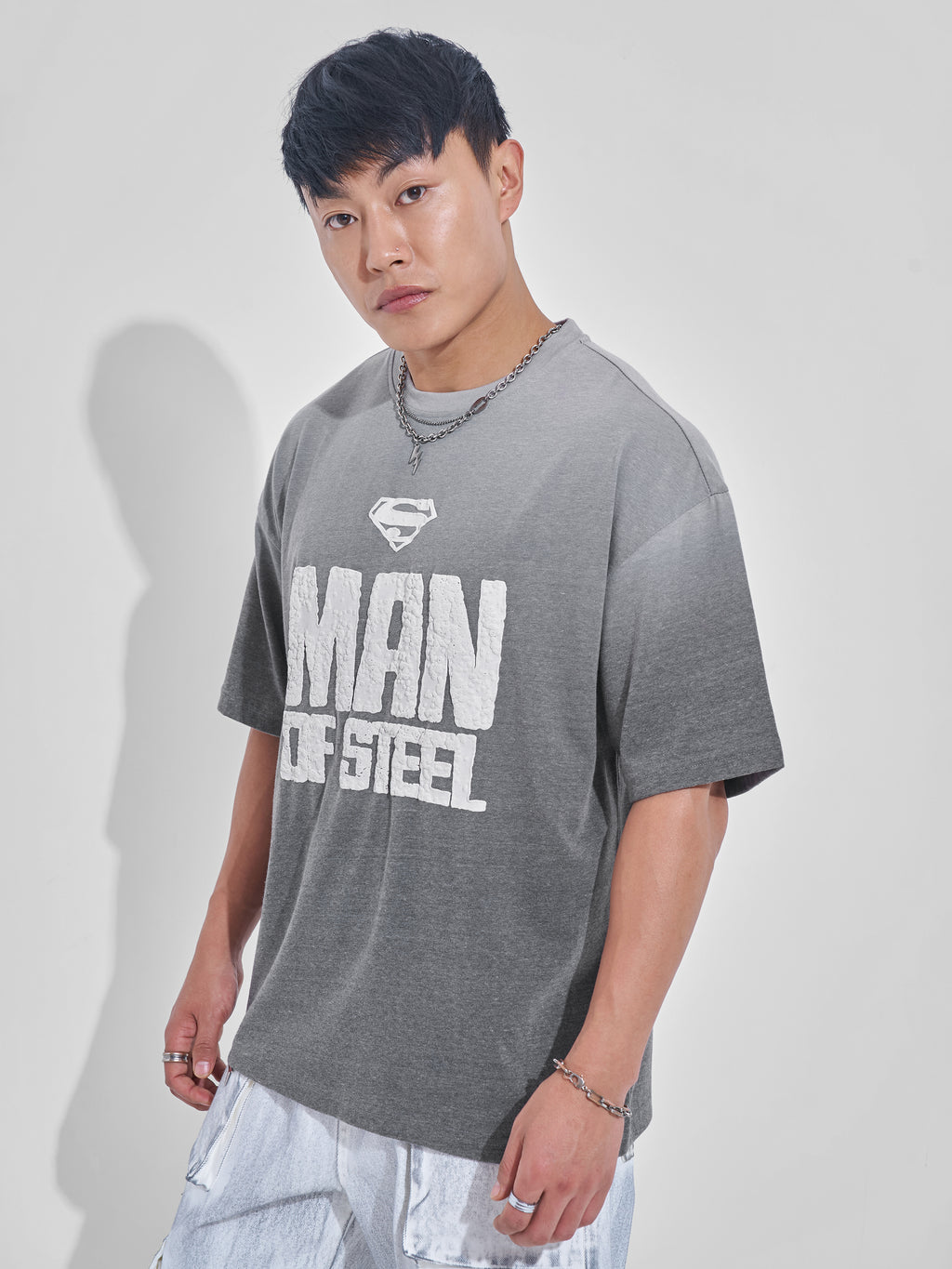 DC By Highlander Men Grey Superman Printed Round Neck Oversized Fit T-Shirt - Grey - Image 4