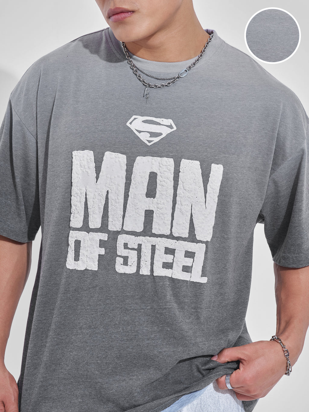 DC By Highlander Men Grey Superman Printed Round Neck Oversized Fit T-Shirt - Grey - Image 5