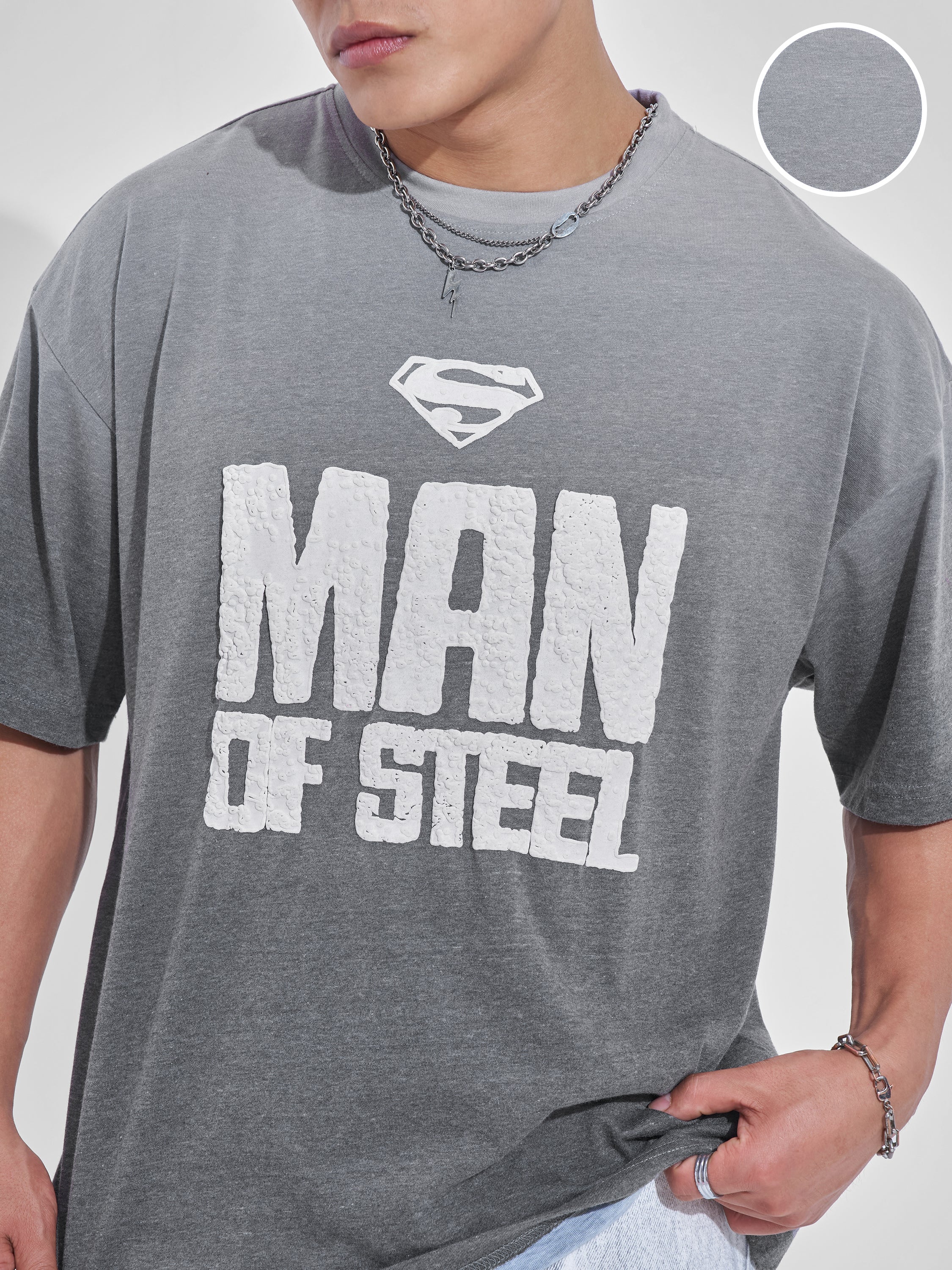 DC By Highlander Men Grey Superman Printed Round Neck Oversized Fit T-Shirt - Grey - Image 5