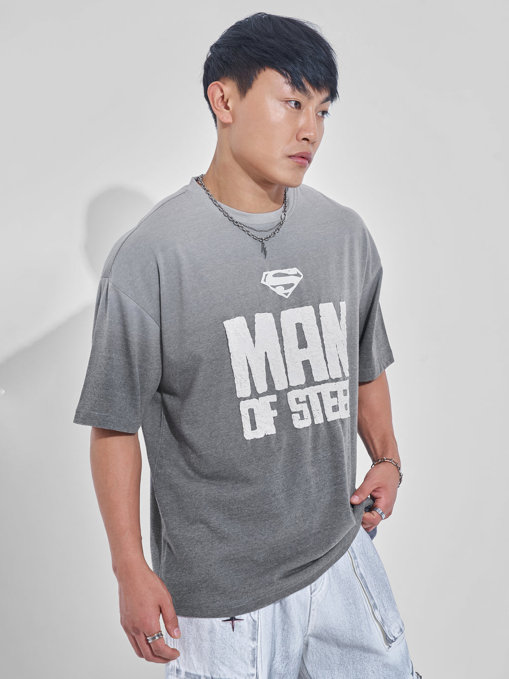 DC By Highlander Men Grey Superman Printed Round Neck Oversized Fit T-Shirt - Grey - Image 6