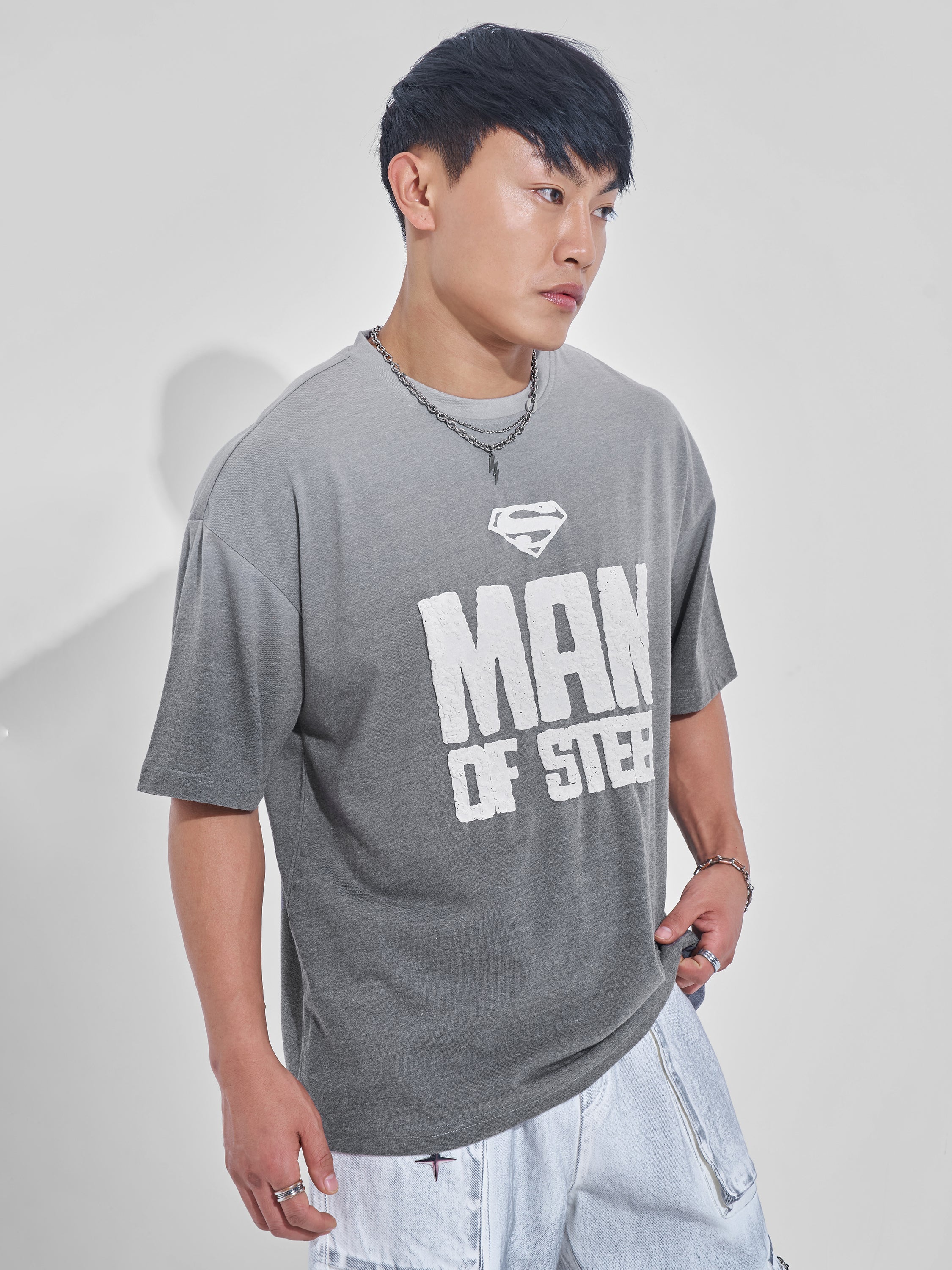 DC By Highlander Men Grey Superman Printed Round Neck Oversized Fit T-Shirt - Grey - Image 6
