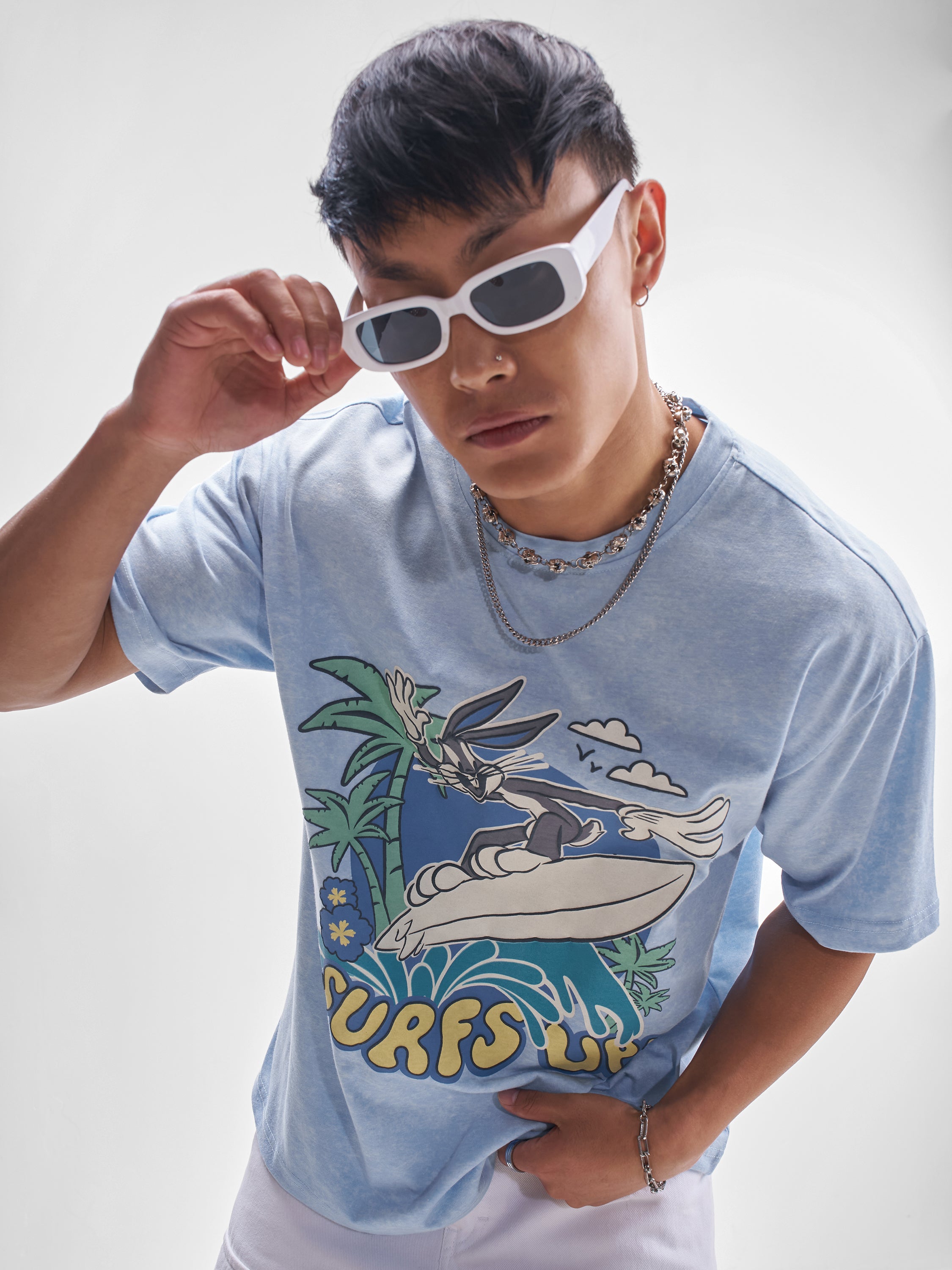 WB By Highlander Men Blue Looney Tunes Printed Round Neck T-Shirt - Blue - Image 1