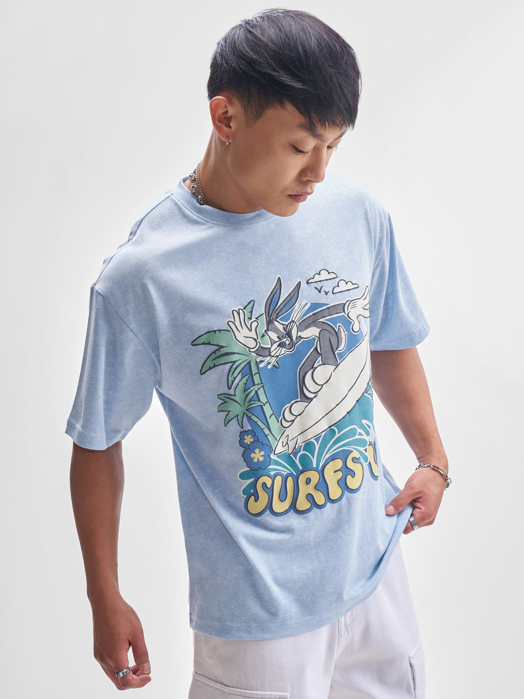 WB By Highlander Men Blue Looney Tunes Printed Round Neck T-Shirt - Blue - Image 6