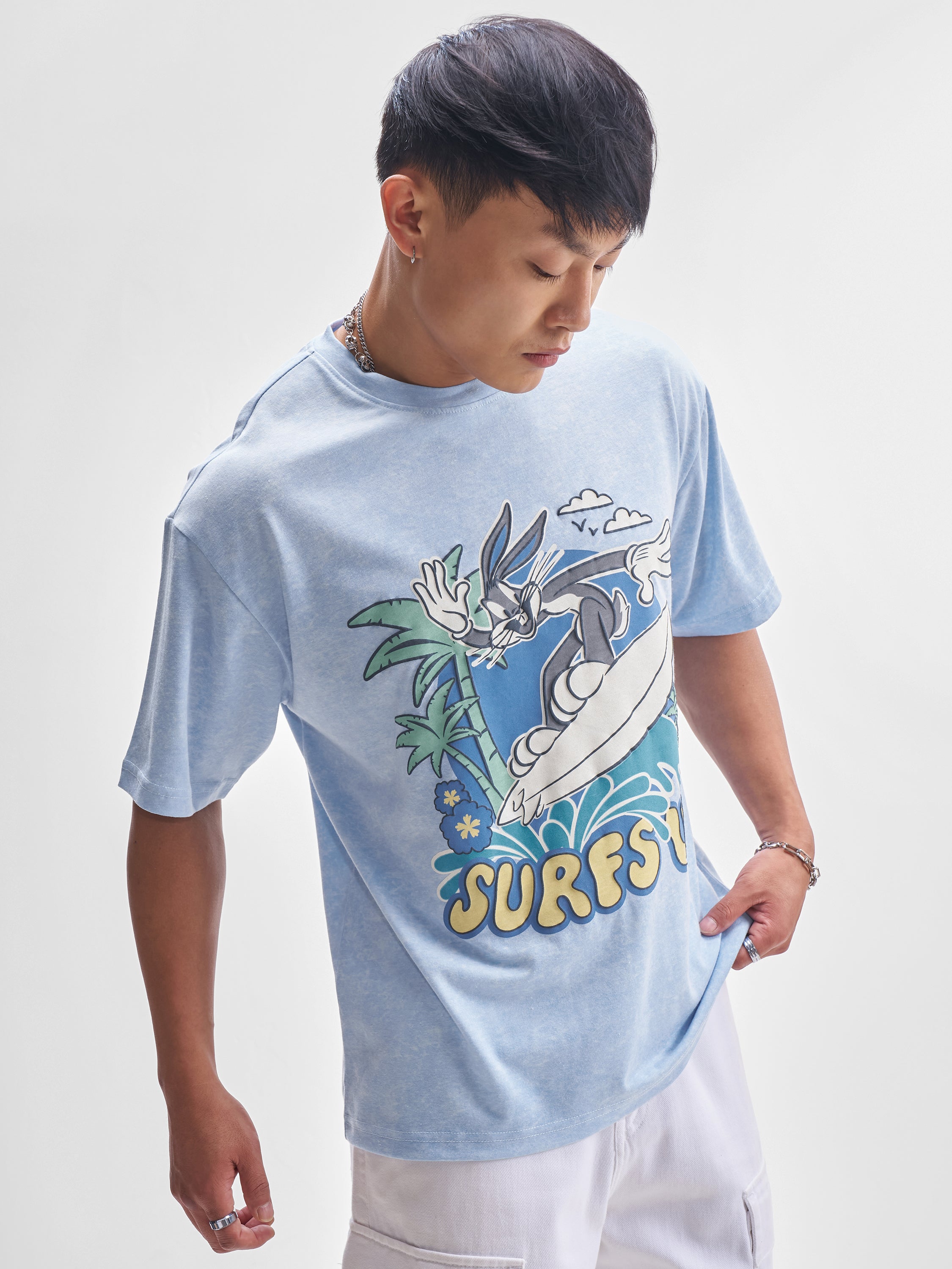 WB By Highlander Men Blue Looney Tunes Printed Round Neck T-Shirt - Blue - Image 6