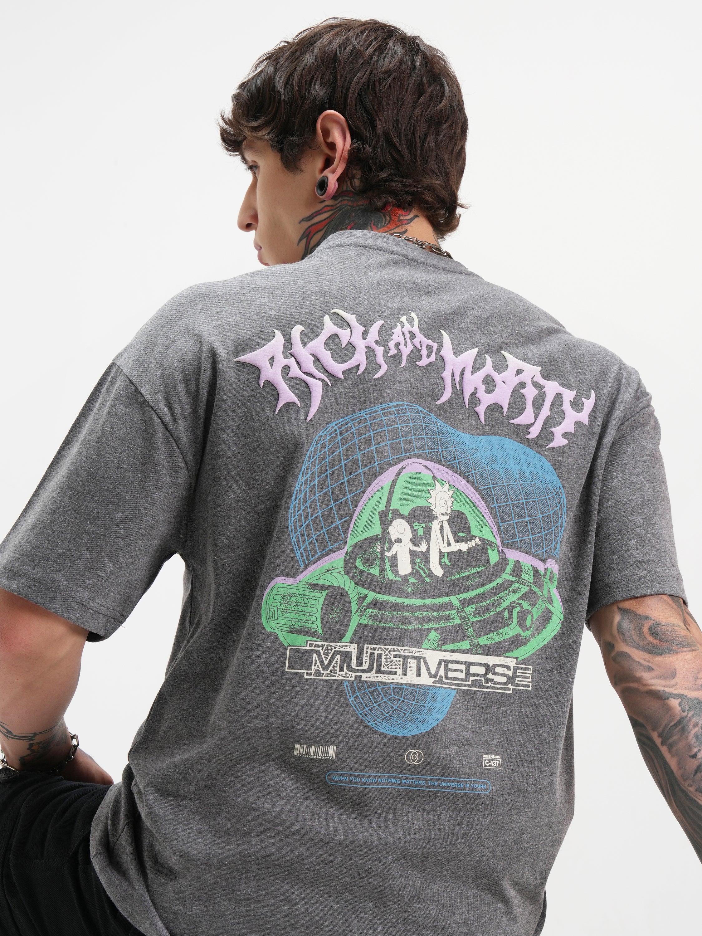 WB By Highlander Men Grey Rick And Morty Printed Round Neck Oversized Fit T-Shirt - Grey - Image 1