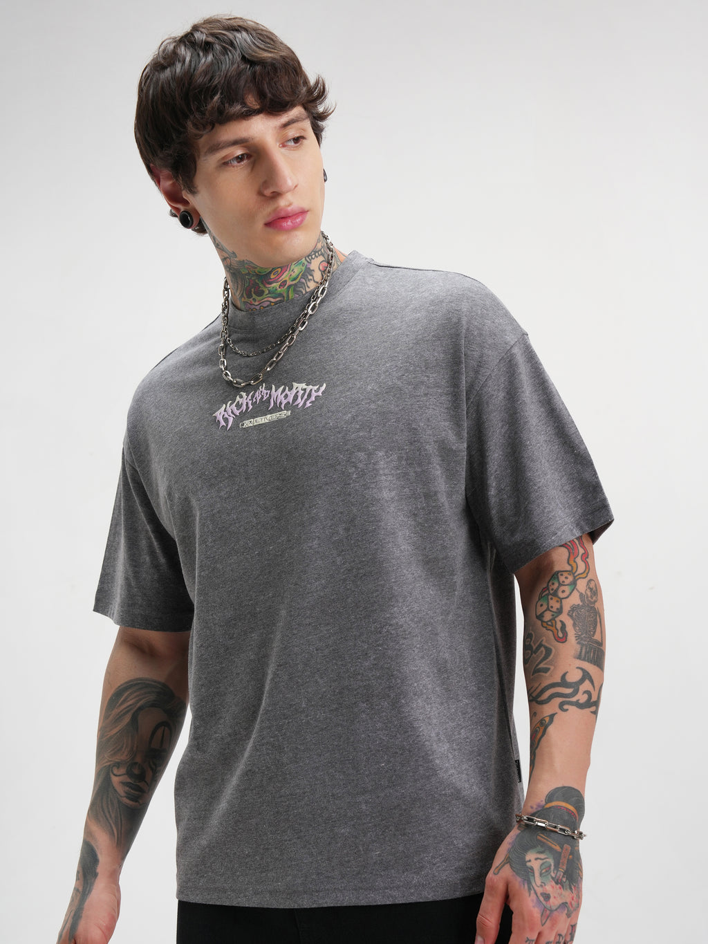 WB By Highlander Men Grey Rick And Morty Printed Round Neck Oversized Fit T-Shirt - Grey - Image 4