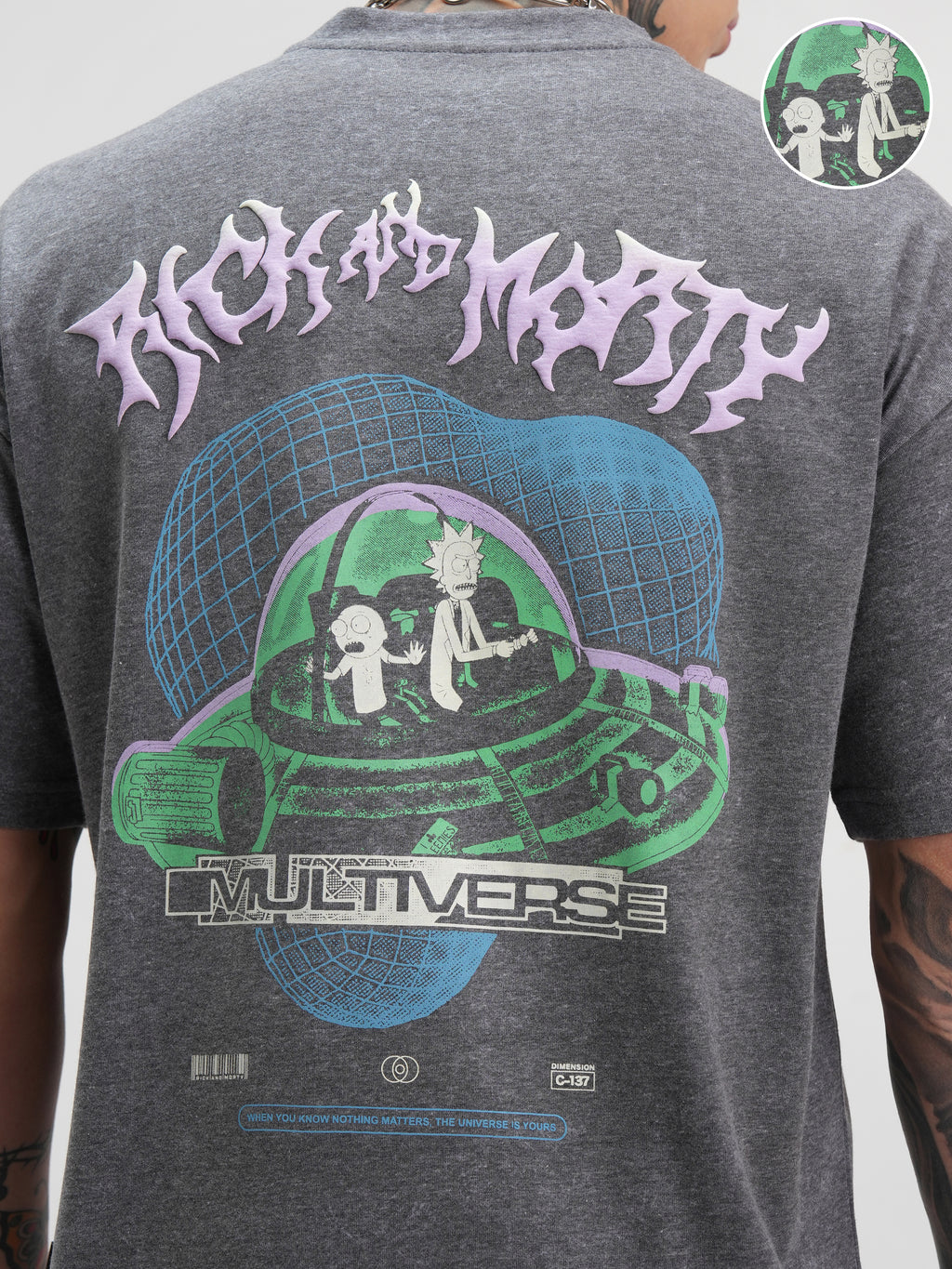 WB By Highlander Men Grey Rick And Morty Printed Round Neck Oversized Fit T-Shirt - Grey - Image 5