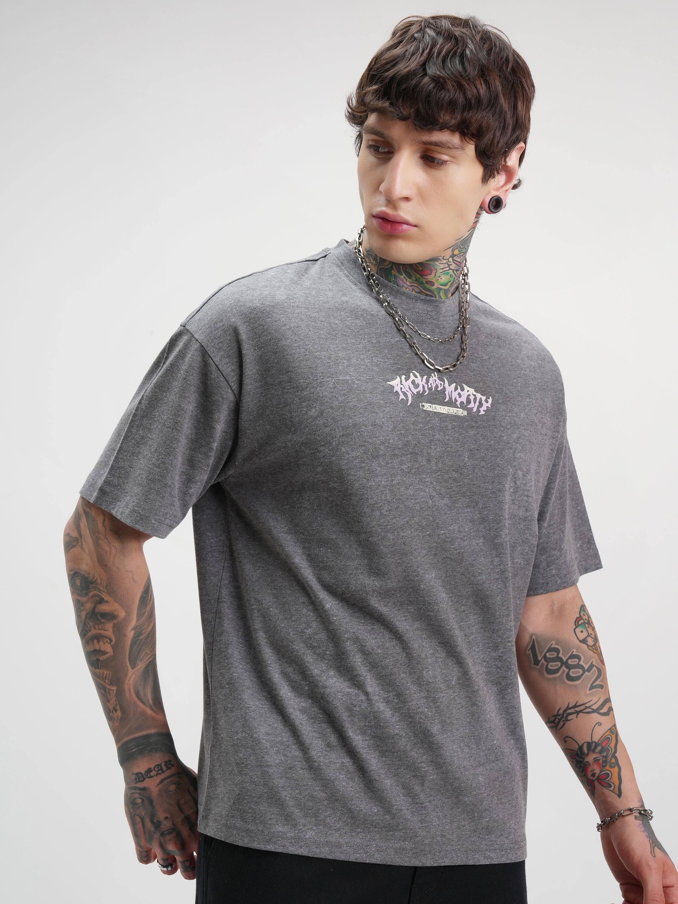WB By Highlander Men Grey Rick And Morty Printed Round Neck Oversized Fit T-Shirt - Grey - Image 6