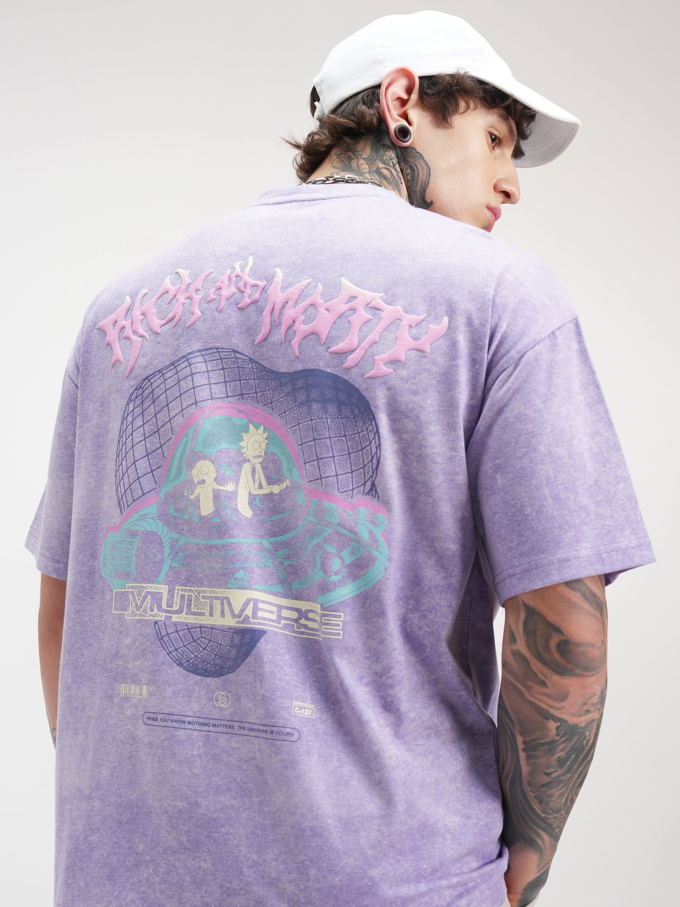 WB By Highlander Men Purple Rick And Morty Printed Round Neck Oversized Fit T-Shirt - Purple - Image 1