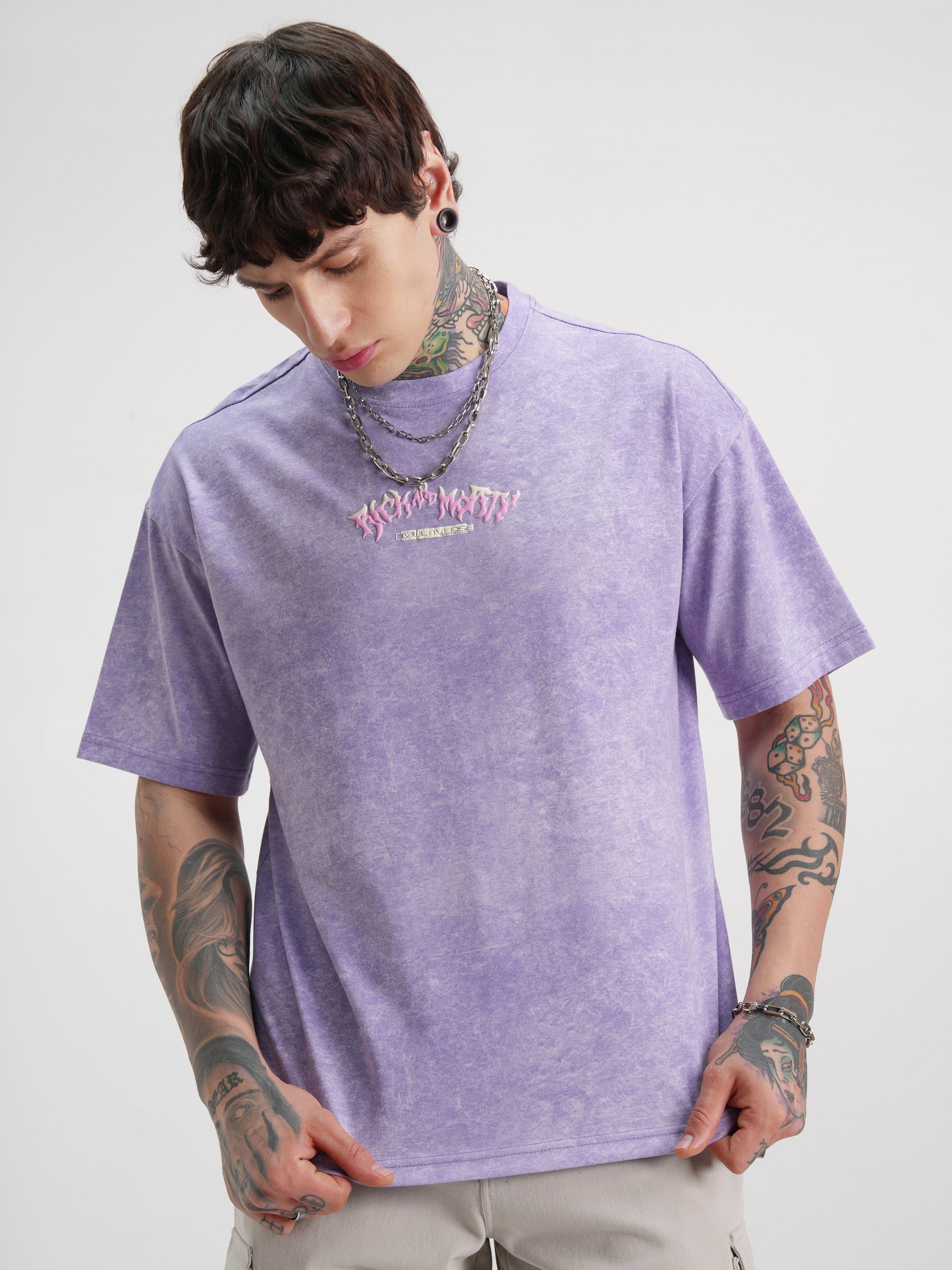 WB By Highlander Men Purple Rick And Morty Printed Round Neck Oversized Fit T-Shirt - Purple - Image 3