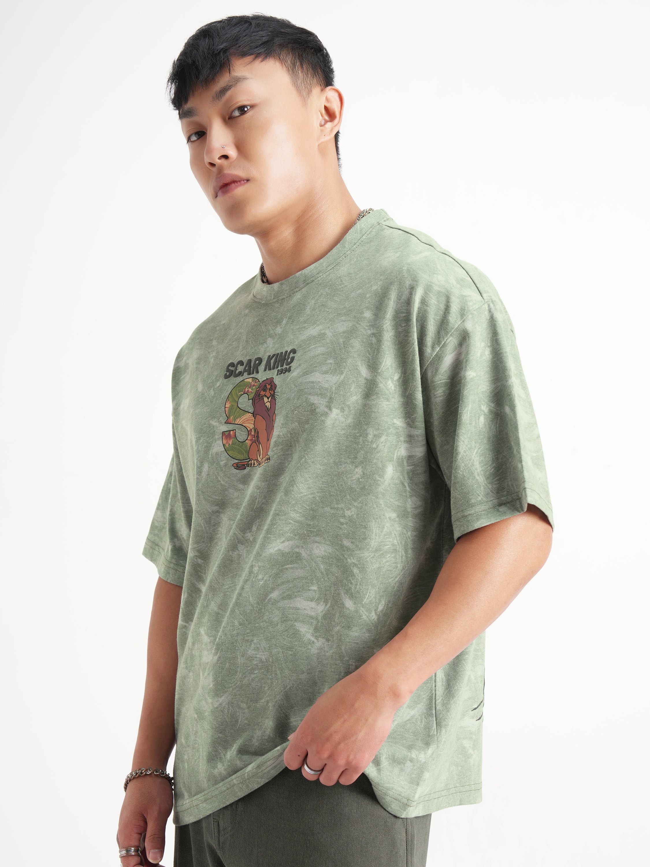 Disney By Highlander Men Green Lion King Printed Round Neck Oversized Fit T-Shirt - Green - Image 4
