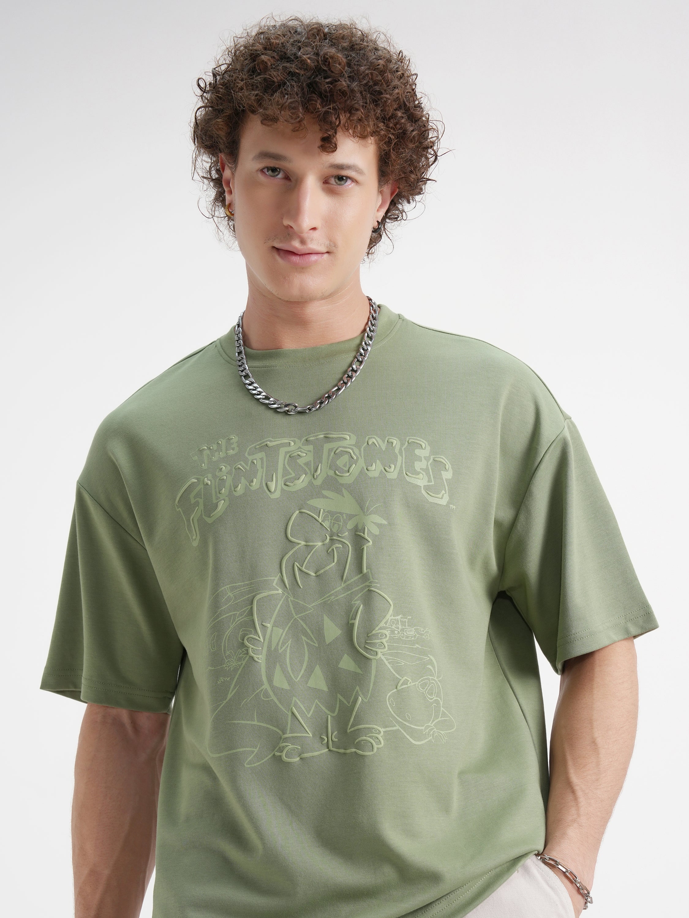 WB By Highlander Men Olive Flintstones Printed Round Neck Oversized Fit T-Shirt - Olive - Image 1