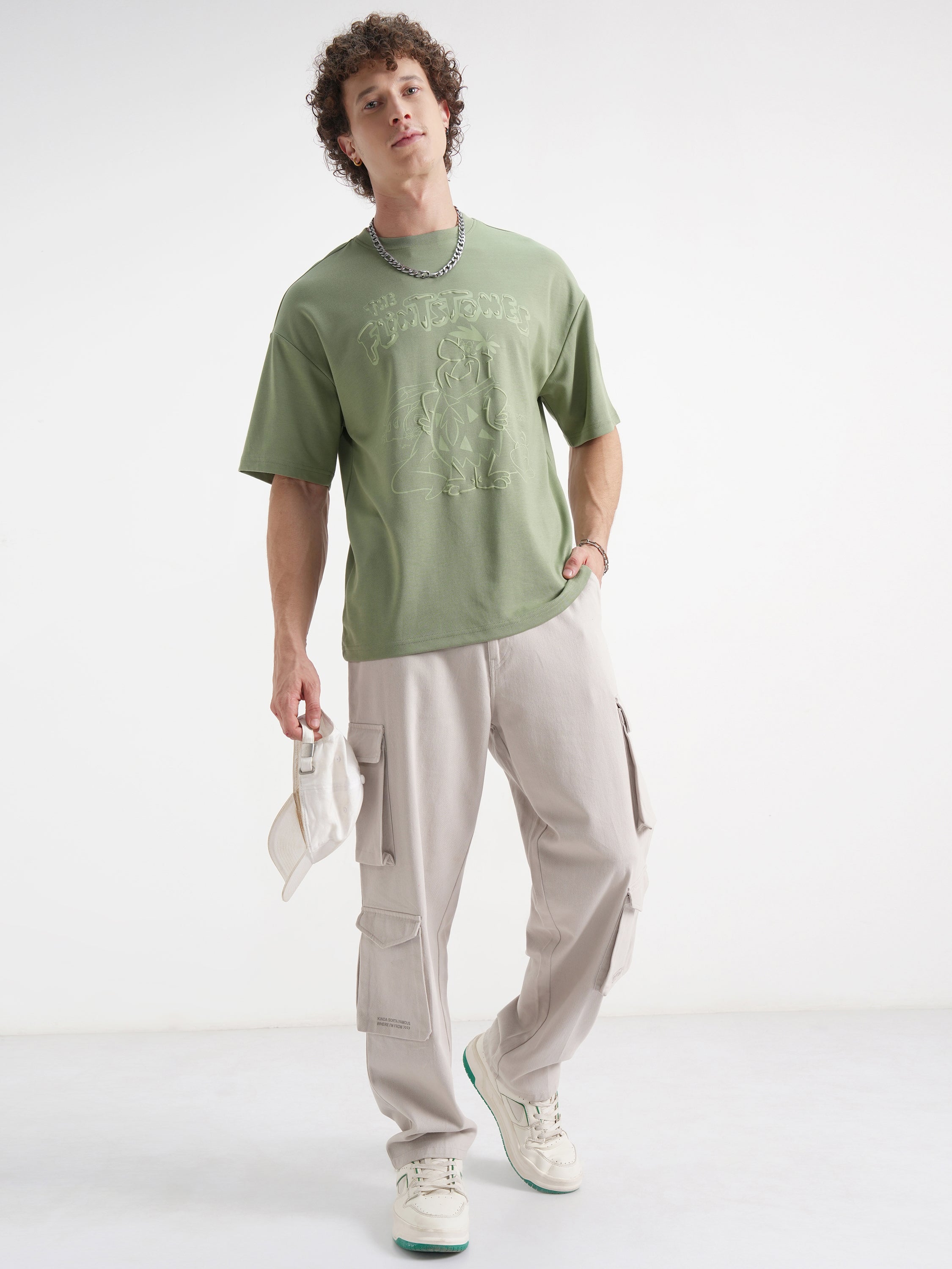WB By Highlander Men Olive Flintstones Printed Round Neck Oversized Fit T-Shirt - Olive - Image 2