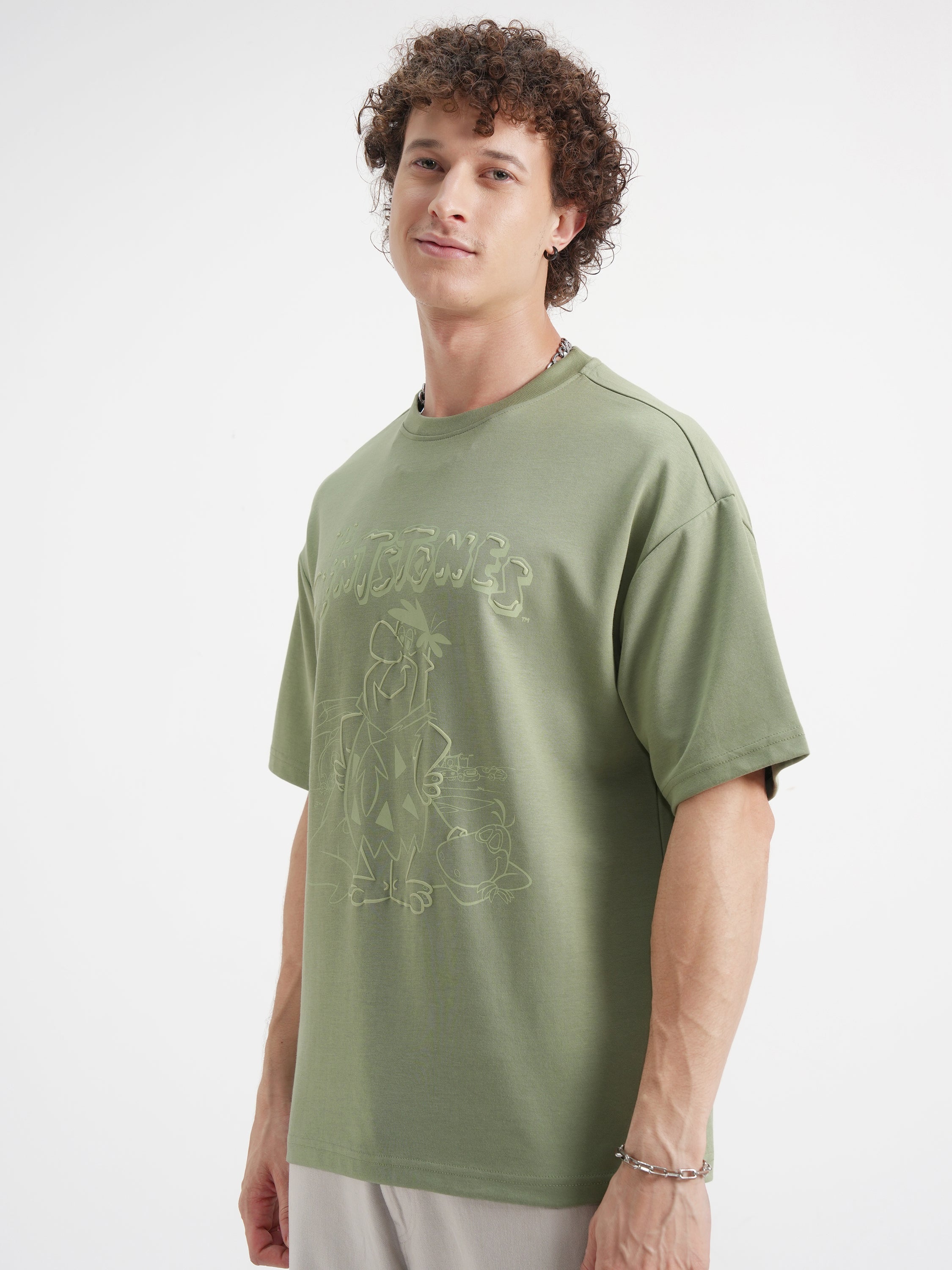 WB By Highlander Men Olive Flintstones Printed Round Neck Oversized Fit T-Shirt - Olive - Image 4