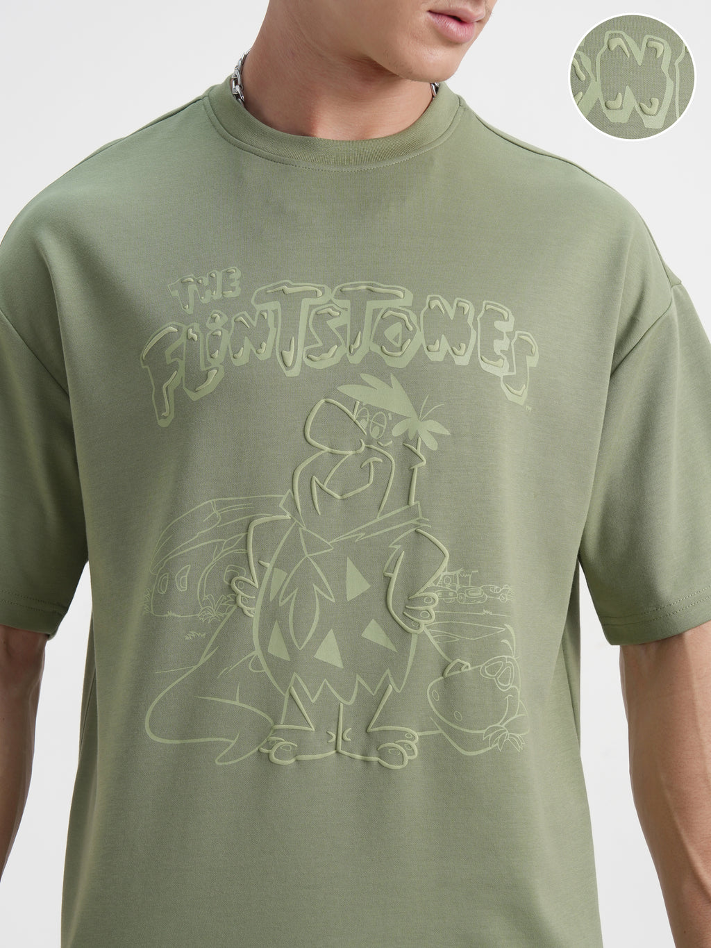 WB By Highlander Men Olive Flintstones Printed Round Neck Oversized Fit T-Shirt - Olive - Image 5