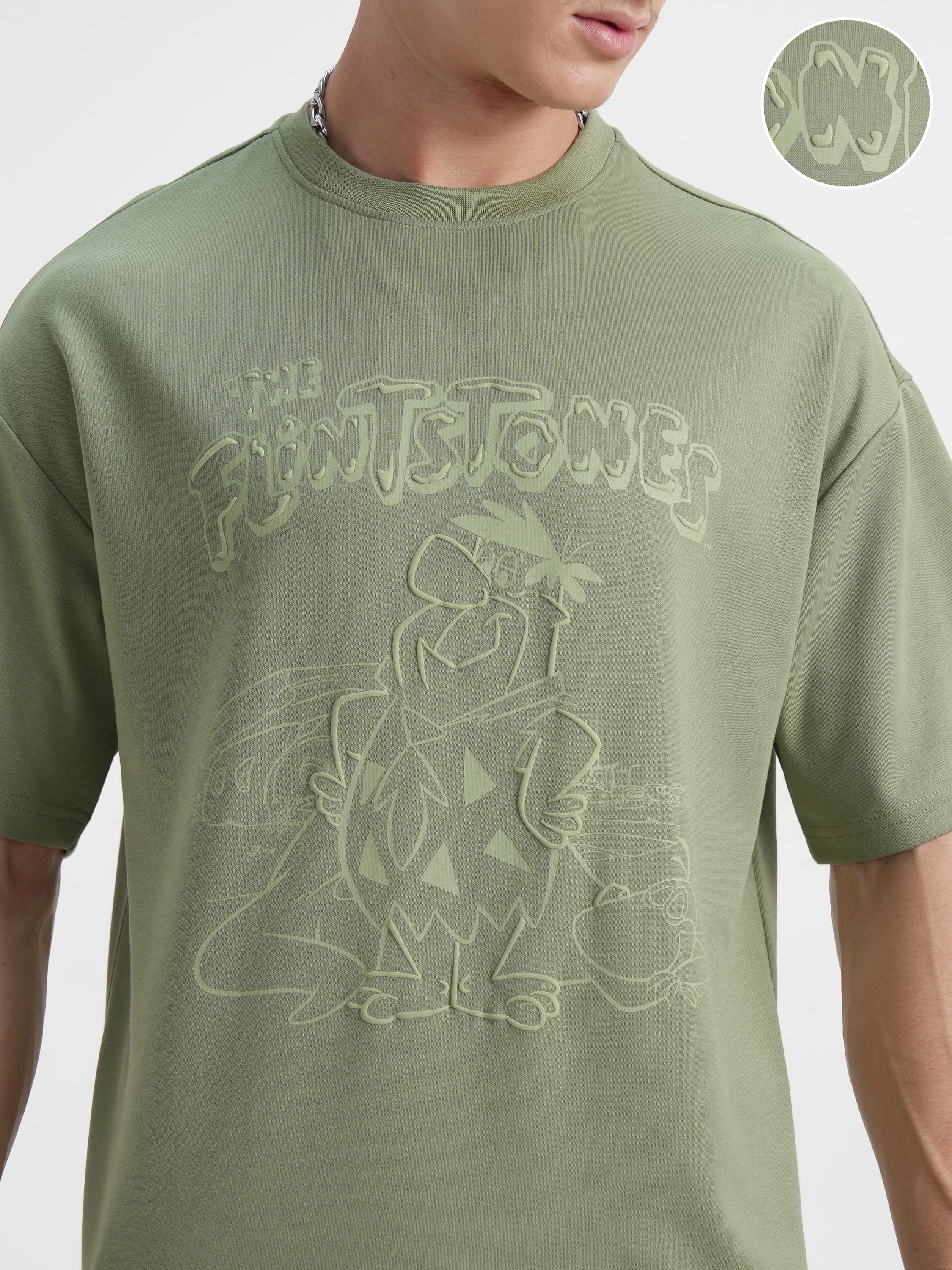 WB By Highlander Men Olive Flintstones Printed Round Neck Oversized Fit T-Shirt - Olive - Image 5