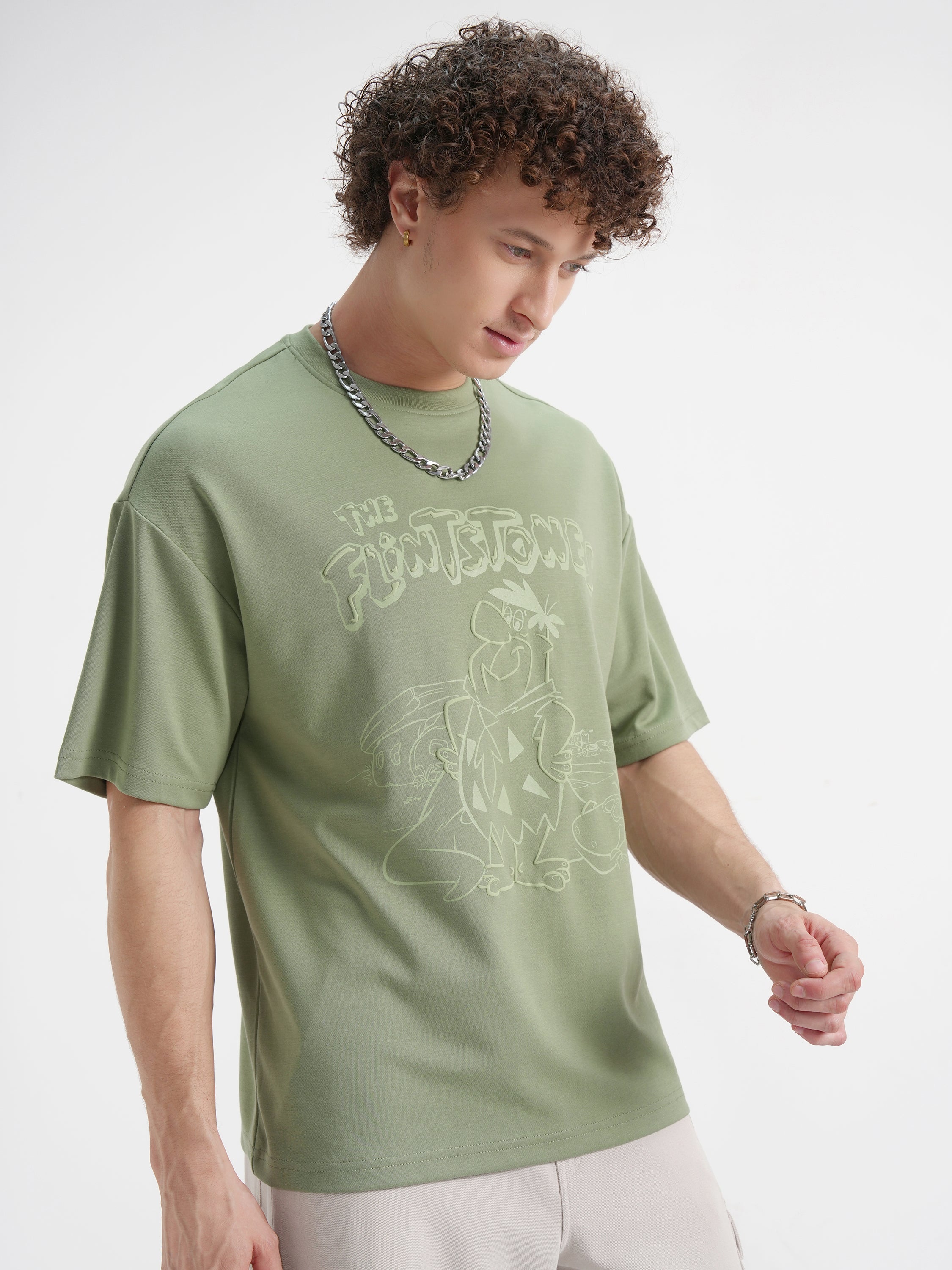 WB By Highlander Men Olive Flintstones Printed Round Neck Oversized Fit T-Shirt - Olive - Image 6
