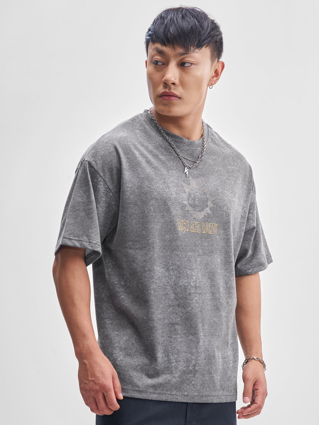 WB By Highlander Men Grey Rick and Morty Printed Round Neck Oversized Fit T-Shirt - Grey - Image 6