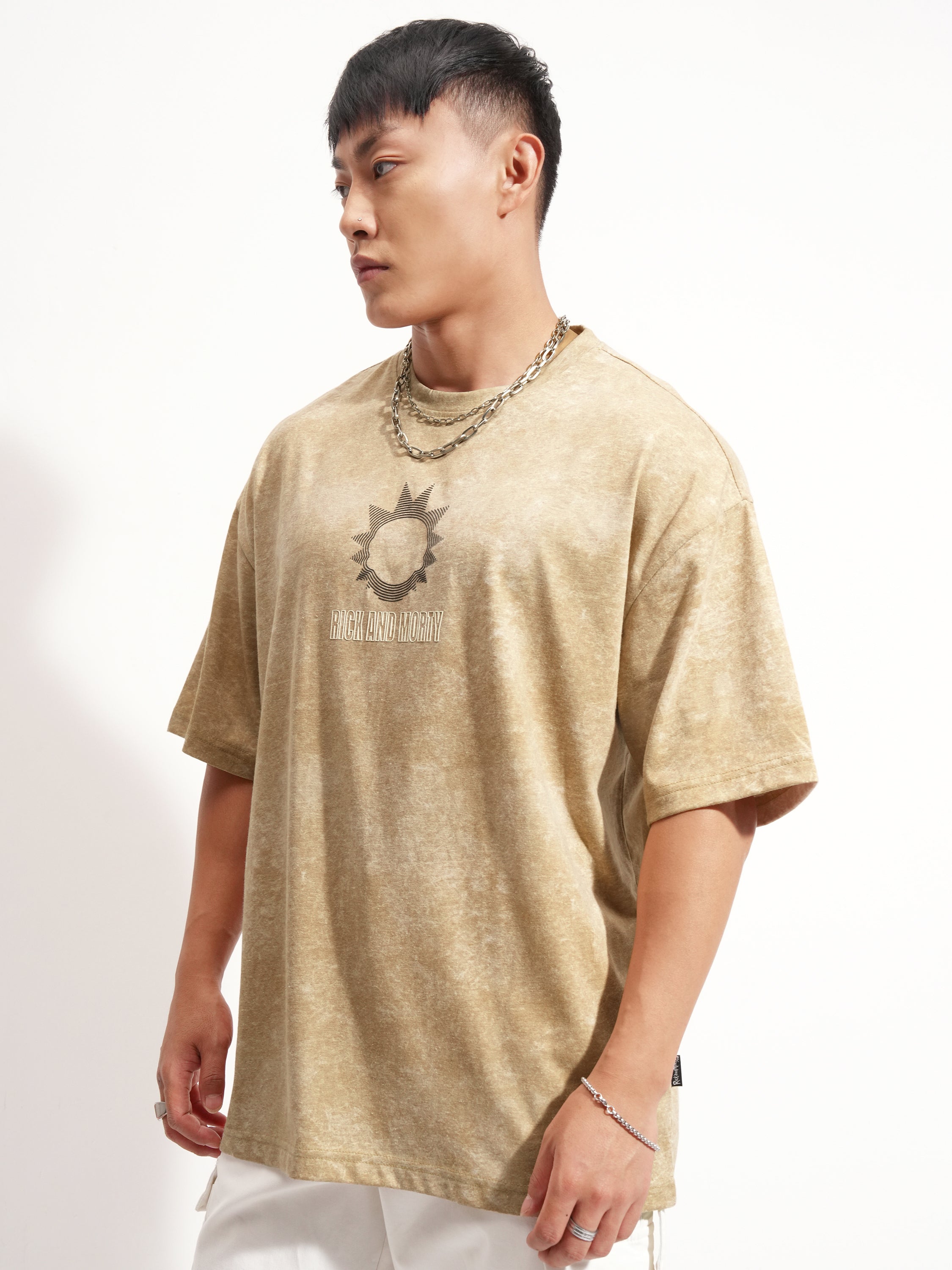 WB By Highlander Men Khaki Rick And Morty Printed Round Neck Oversized Fit T-Shirt - Khaki - Image 4